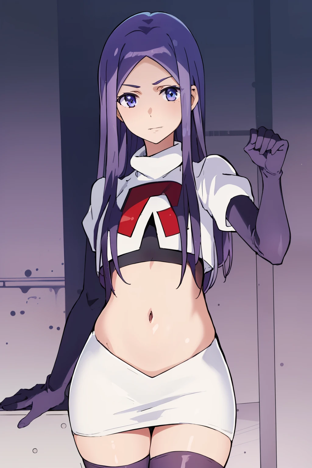 masterpiece, highres, 1girl, AnjuEmmaR4, purple hair, blue hair, (blue background), team rocket uniform, red letter R, white skirt,white crop top,black thigh-highs,black elbow gloves