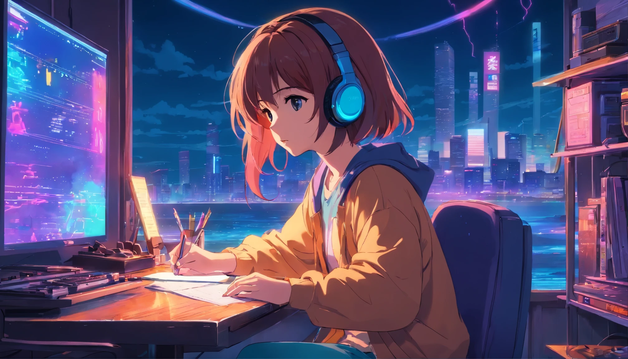 (center), Young woman studying in her room, read, Wear headphones, , night light, Neon landscape on a rainy day,Analog color theme, Lo-Fi Hip Hop , retrospect, flat, 2.5D ,Draw a line, Ink drawing, Large slope, watercolor painting, Kush color, Studio Ghibli Style, Super colorful., outside ton, Synthwave, Lofi art,90s style,Old meat, Amplitude,90s vibe, table top, Big Technology, 16:9 scales