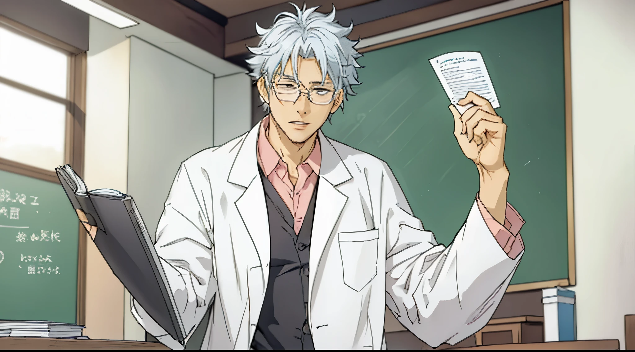 Silver haired teacher wearing lab coat and medical glasses, he is talking and moving his lips