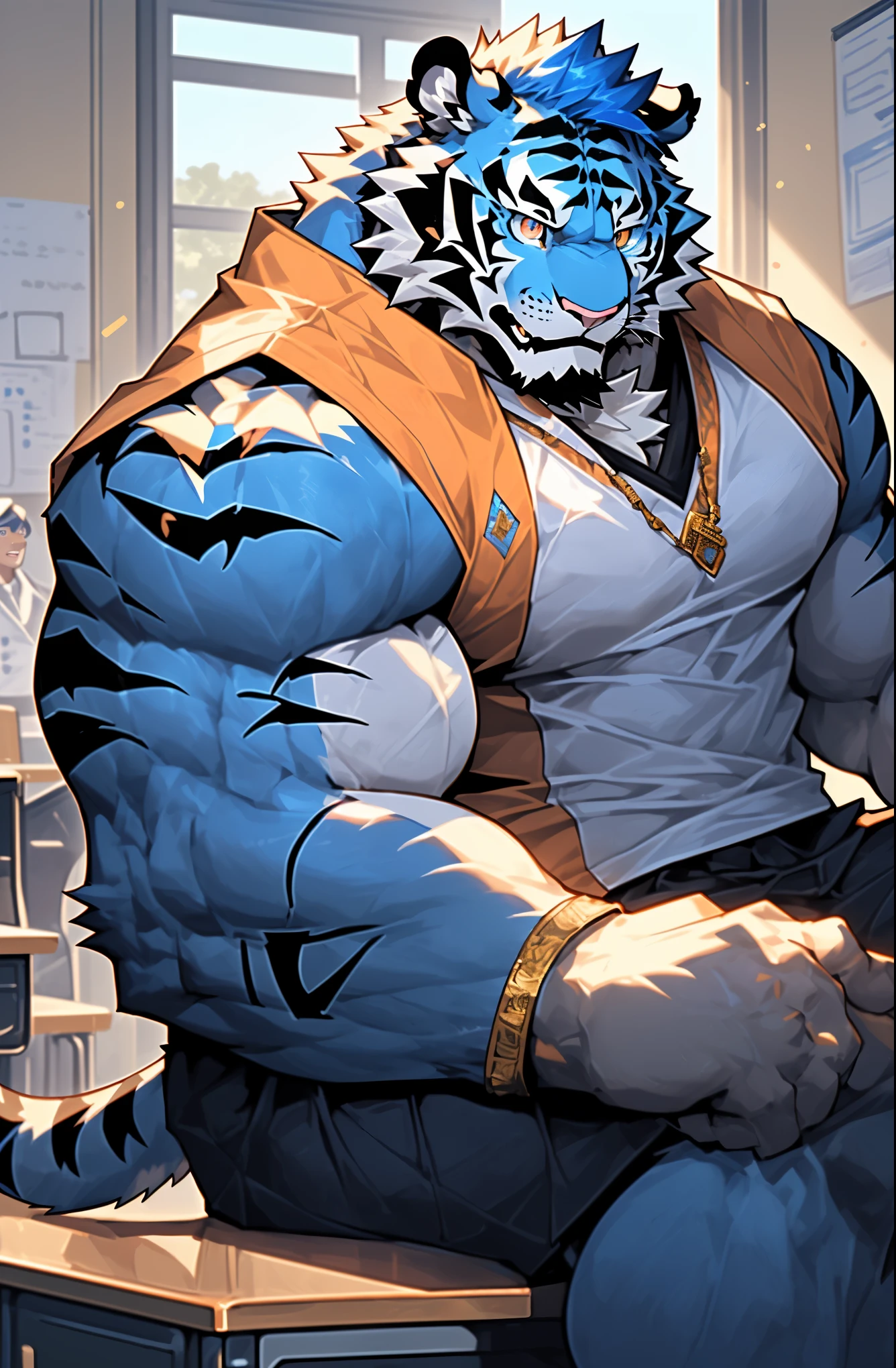 disney,anime character with tiger tiger_beast, Firmware version, high resolution committee, ((tiger)), gigachad muscular, muscular!!, Tik, muscular!, anthropomorphic tiger, muscular character, Kushat Kenzi, Super detailed!!, muscular!!!, beefy, full body commission, Full body details are very rich,32k,(Full body close-up:1.2),(The two eyes are different in color，Different pupils:1.8),HD,(Colored hair:1.5),((student school uniform:1.3)，solo,(Cute expressions:1.3),hope,(One eye is blue，The other eye is gold:1.5),(A pair of eyes with different pupil colors:1.5))，(Shy:1.6),((sitting on desk:1.3))，(front:1.3),((One hand on the desk)),((classroom)),(Blue fur)