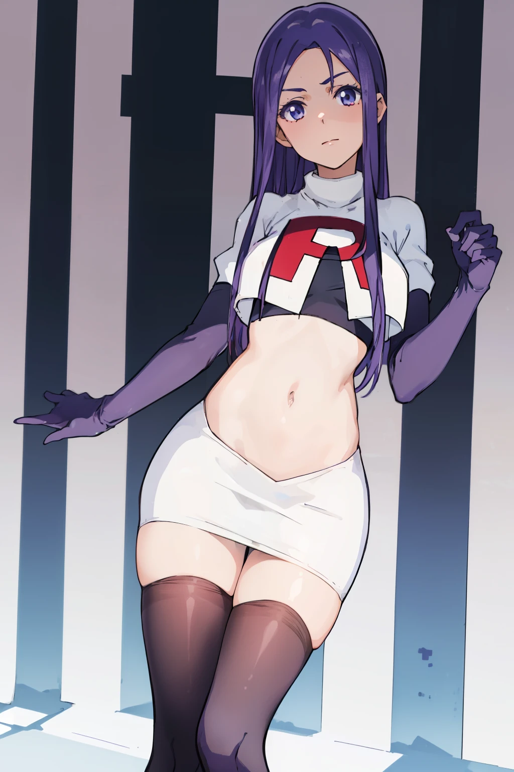 masterpiece, highres, 1girl,  AnjuEmmaR4, purple hair, blue hair, (blue background), team rocket uniform, red letter R, white skirt,white crop top,black thigh-highs,black elbow gloves