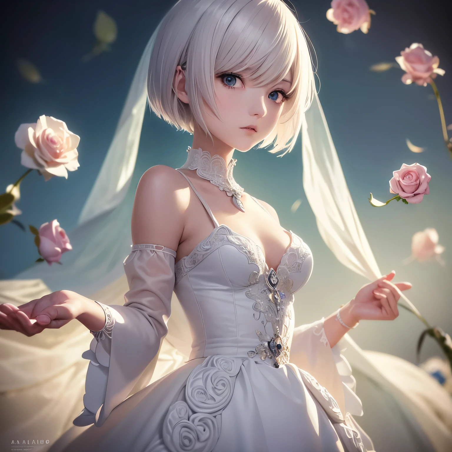 Anime-style depiction of a short-haired white-haired girl, anime aesthetic, Anime art, anime illustration, Rose Knight Maiden, determined expression, upper body shot, wispy white hair strands, porcelain-doll-like fair complexion, side parting with bangs falling over one eye. Anime, chica, cabello corto blanco, caballero de la rosa: a captivating illustration (masterpiece), of exquisite quality (best quality: 1.0), with intricate details (detailed), in ultra-high resolution (ultra highres: 1.0), set against a serene background, showc