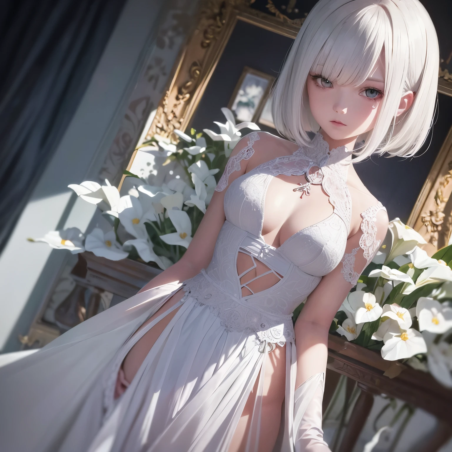 Anime-style depiction of a short-haired white-haired girl, anime aesthetic, Anime art, anime illustration, Rose Knight Maiden, determined expression, upper body shot, wispy white hair strands, porcelain-doll-like fair complexion, side parting with bangs falling over one eye. Anime, chica, cabello corto blanco, caballero de la rosa: a captivating illustration (masterpiece), of exquisite quality (best quality: 1.0), with intricate details (detailed), in ultra-high resolution (ultra highres: 1.0), set against a serene background, showc