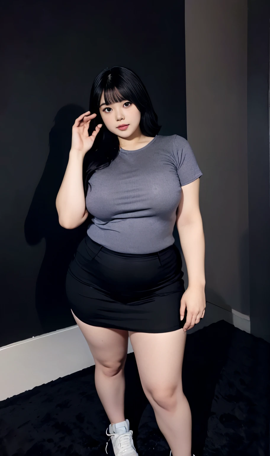 A beautiful beauty, long black hair, big eyes, round face, dress, tight purple skirt, sneakers , slightly fat, plump and sexy, delicate facial features, on the black room, black room, dark room, HD, high quality, the best picture quality, chubby body, bob haircut