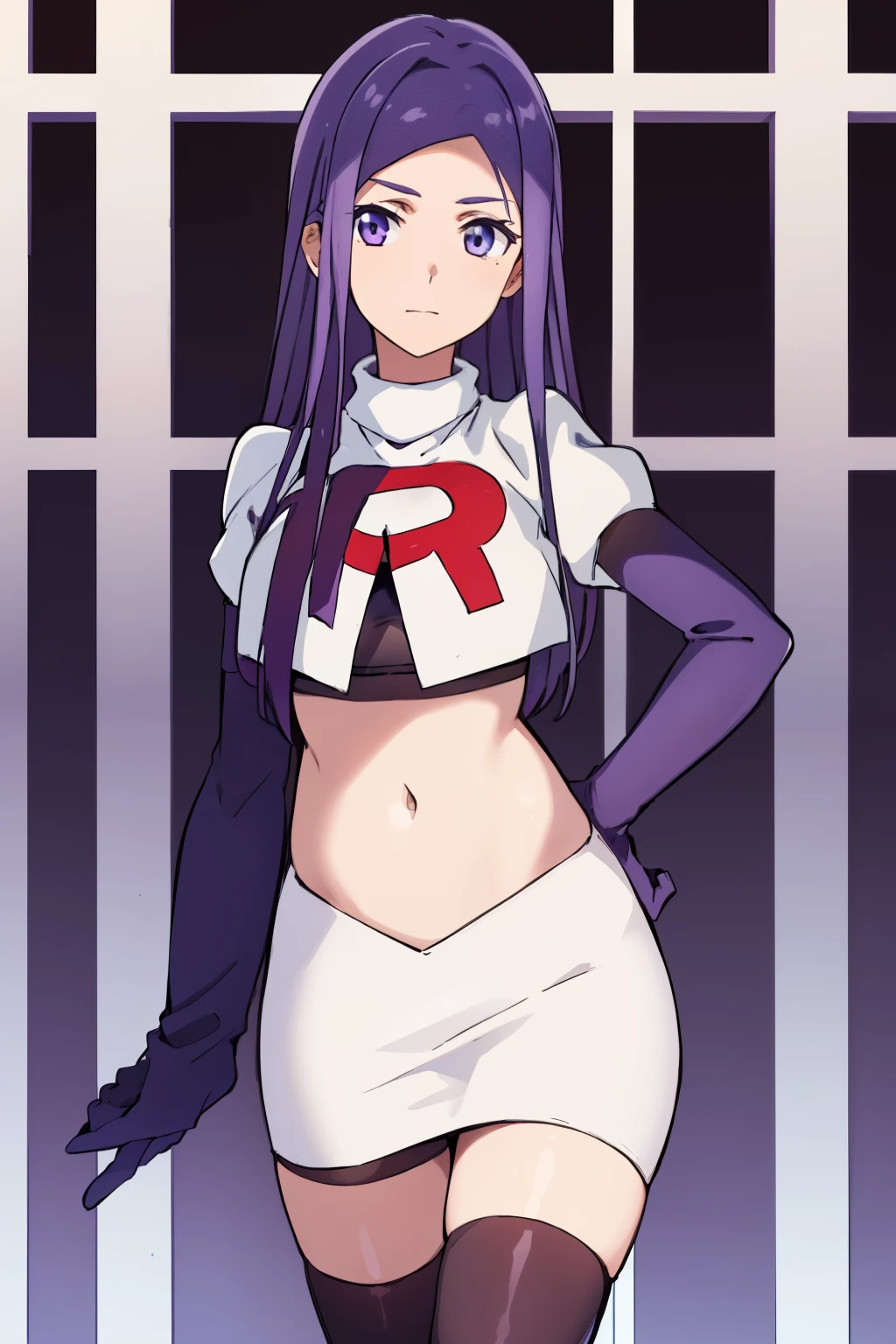 masterpiece, highres, 1girl, AnjuEmmaR4, purple hair, blue hair, (blue background), team rocket uniform, red letter R, white skirt,white crop top,black thigh-highs,black elbow gloves