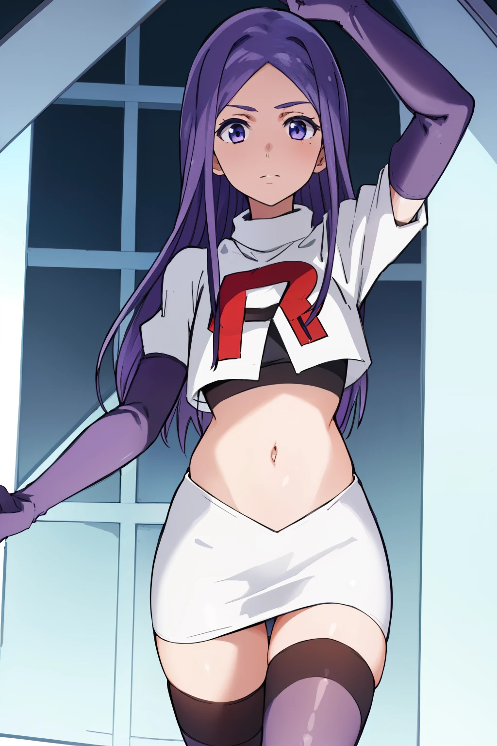 masterpiece, highres, 1girl, AnjuEmmaR4, purple hair, blue hair, (blue background), team rocket uniform, red letter R, white skirt,white crop top,black thigh-highs,black elbow gloves