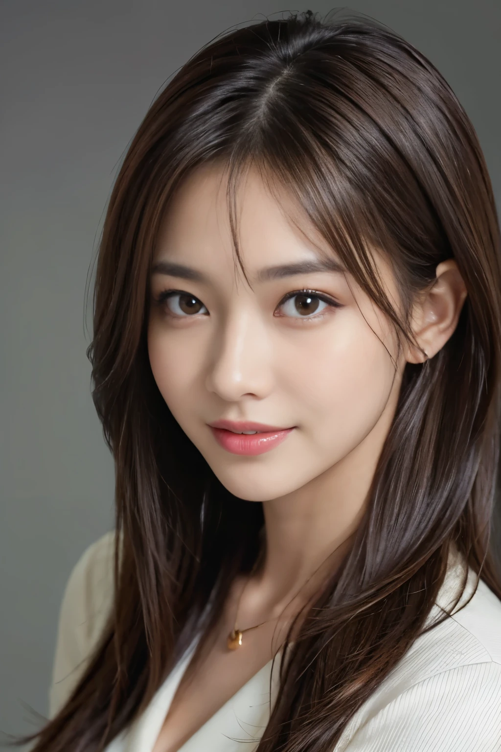 table top、highest quality、genuine、Super detailed、finely、High resolution、8k wallpaper、one beautiful woman、、、light brown disheveled hair、wearing a business suit、sharp focus、perfect dynamic composition、beautiful and fine eyes、thin hair、詳細なgenuineな肌の質感、smile、close-up portrait、Waiting for model body to start 
