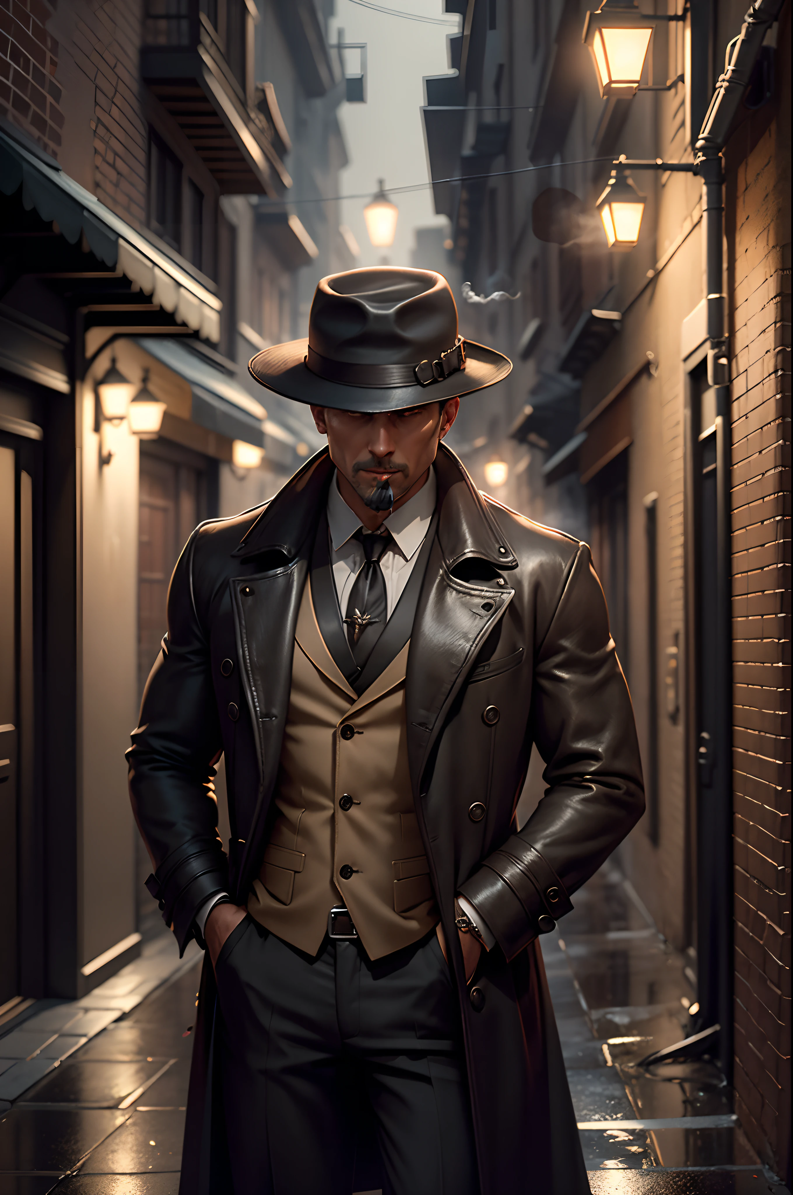 Détective en chapeau marron et manteau fumant un sigarro dans une ruelle pluvieuse à l’ambiance noire adossée à un mur tout en fumant un rendu 8K", rendu d'octane ", rendu d'octane", rendu super détaillé, Super rendu d'octane, rendu 3D hyper détaillé --auto