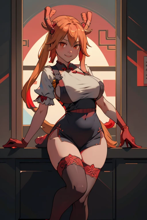 TohruDM, WTail, 1girl, full body, Woman body set big breasts, Stretch meat，Raised sexy, black_stockings, suspender_stockings, thighhighs, (((wearing red tight cheongsam))), smile, looking_at_observer, smiling, skirt