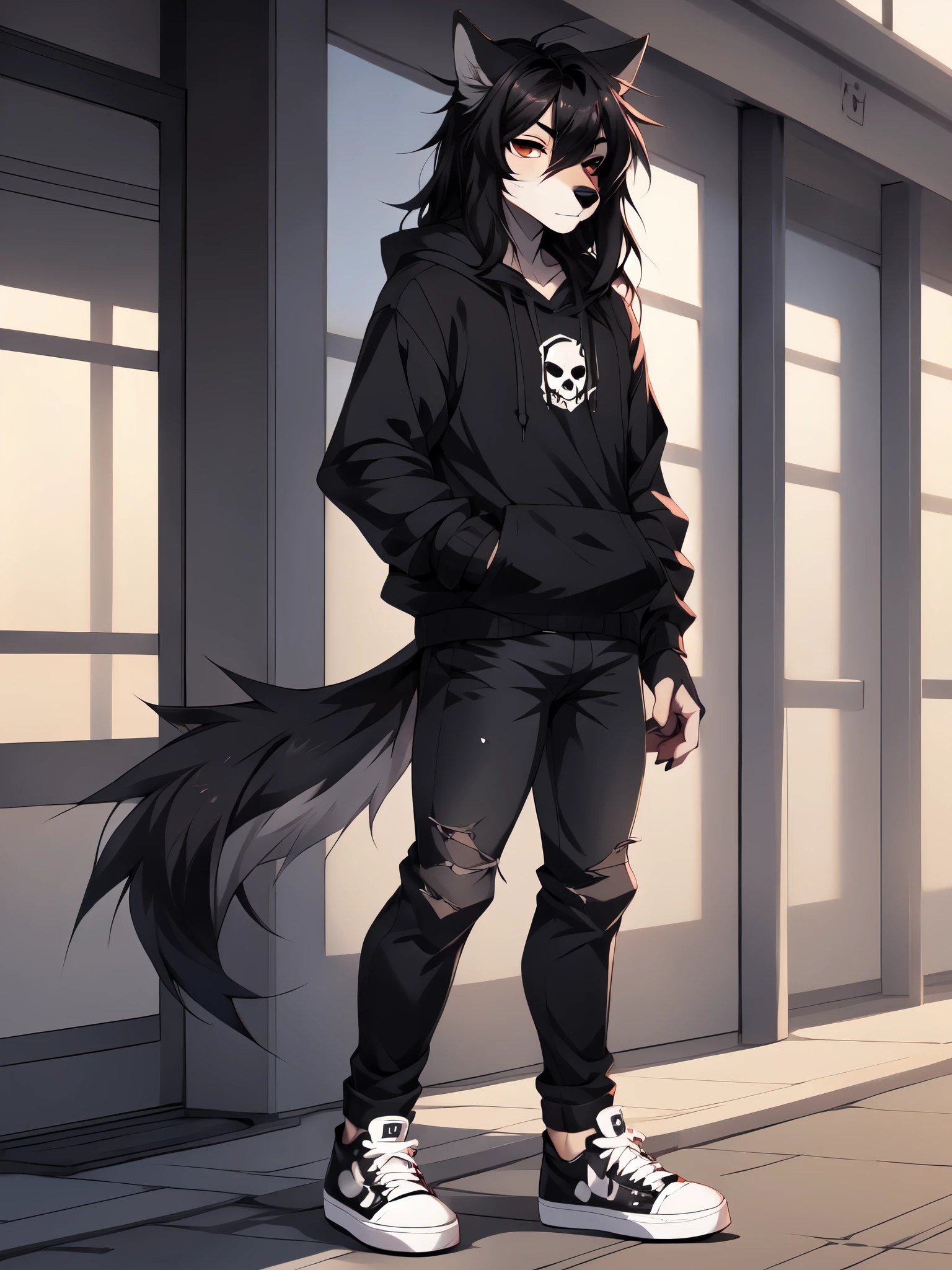 By fumiko, by hyattlen, by hioshiru, Jaiden, young brown anthro wolf male, droopy wolf ears, brown eyes, black nose, wolf tail, ((long black hair, emo hair, straight hair, long bangs cover one side of face)):1.4, wearing black hoodie with a skull on it, black ripped skinny jeans, checkered belt, black and white converse shoes, black fingerless gloves, jitome, expressionless, in a high school campus,