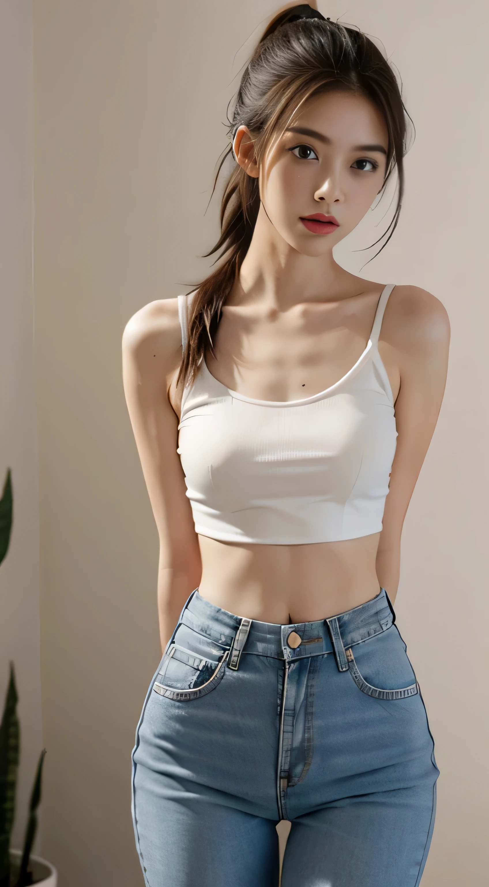 Girl posing for photo in white bra and tight denim,Keep your arms behind your back,full bodyesbian,With a cropped T-shirt、brassier,Slim body,Smaller bust,Slim girl model,24 years old female model,Long hair,Single ponytail