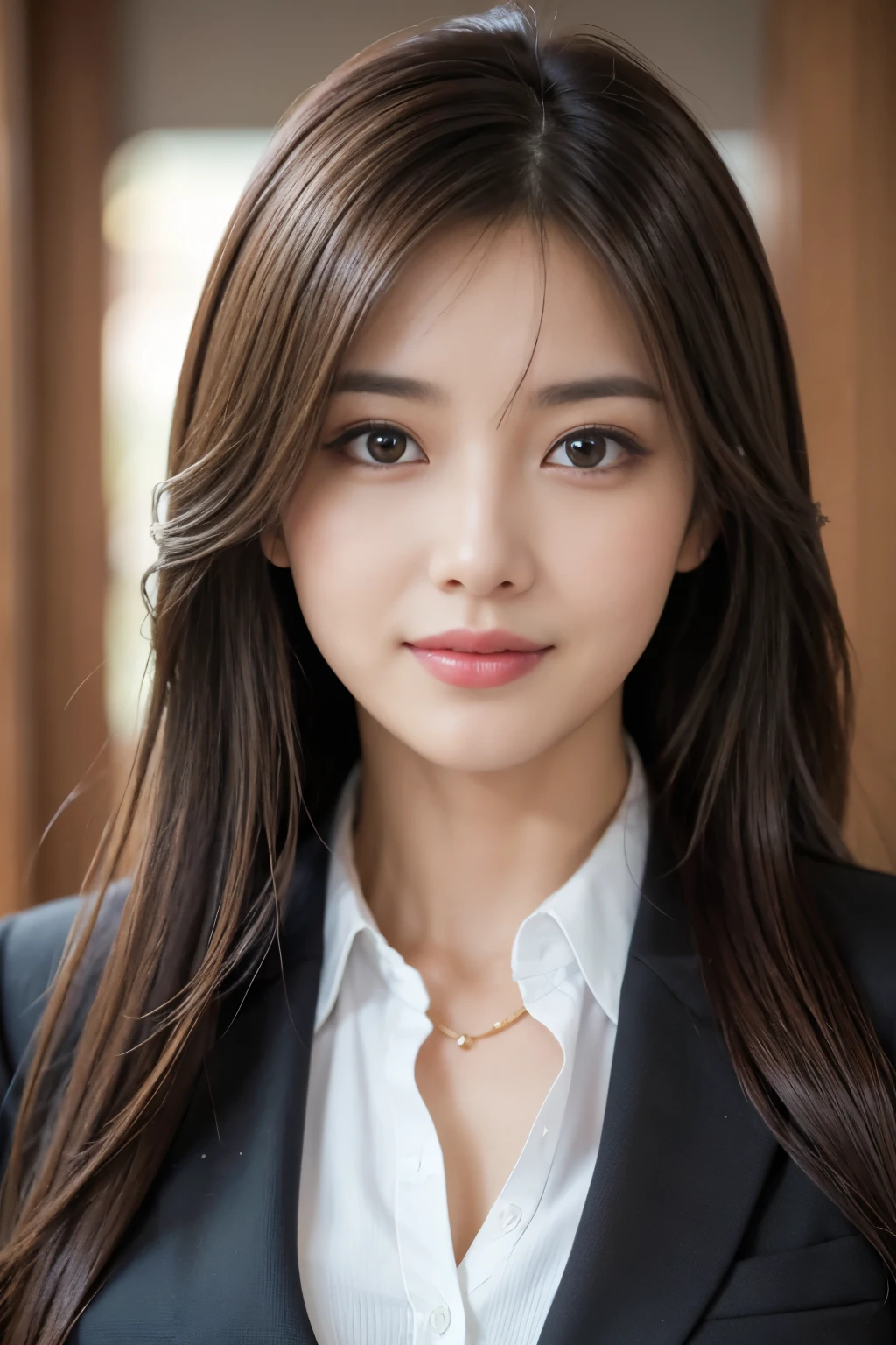 table top、highest quality、genuine、Super detailed、finely、High resolution、8k wallpaper、one beautiful woman、、、light brown disheveled hair、wearing a business suit、sharp focus、perfect dynamic composition、beautiful and fine eyes、thin hair、詳細なgenuineな肌の質感、smile、close-up portrait、Waiting for model body to start
