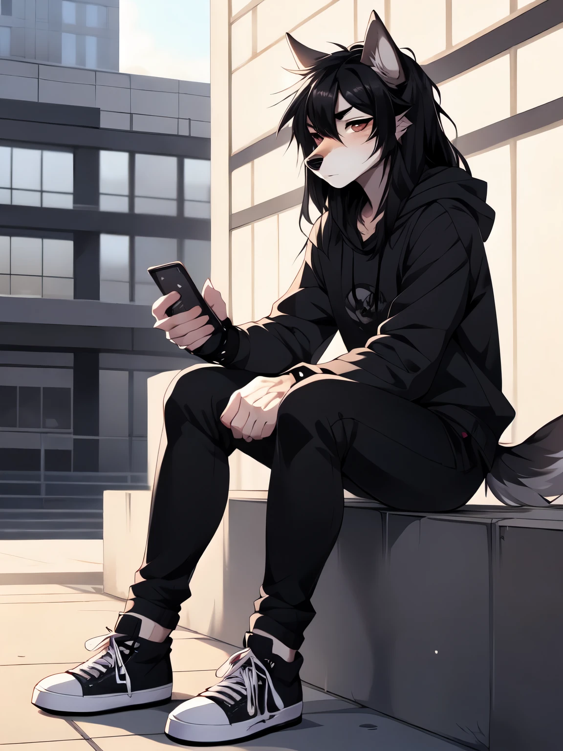 By fumiko, by hyattlen, by hioshiru, Jaiden, young brown anthro wolf male, droopy wolf ears, brown eyes, black nose, wolf tail, ((long black hair, emo hair, straight hair, long bangs cover one side of face)):1.4, wearing black hoodie with a skull on it, black ripped skinny jeans, checkered belt, black and white converse shoes, black fingerless gloves, jitome, expressionless, in a high school campus, texting on a phone