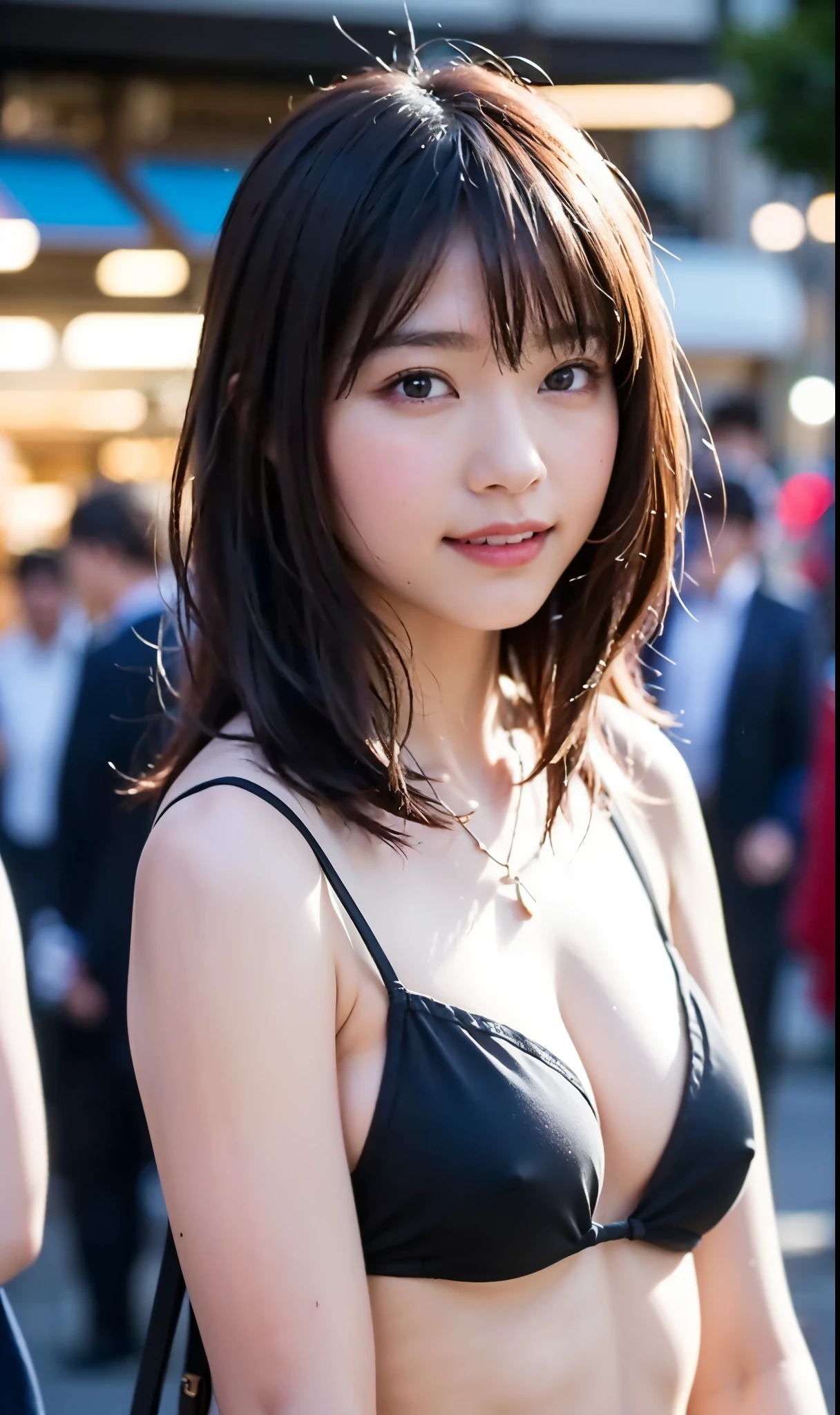 a promotion girl in front of a store, black bikini clothes, colossal tits:1.5, rainy street background, beautiful eyes, beautiful lips, necklace, long black hair, insane quality, detailed skin texture, smiling, 8k, insane details, full body (RAW photos, top quality, realistic, photorealistic: 1.3, professional lighting, masterpiece, very delicate and beautiful, highly detailed, CG, unity, fine details, highly detailed 8k wallpaper, huge file size, super detail, high resolution)