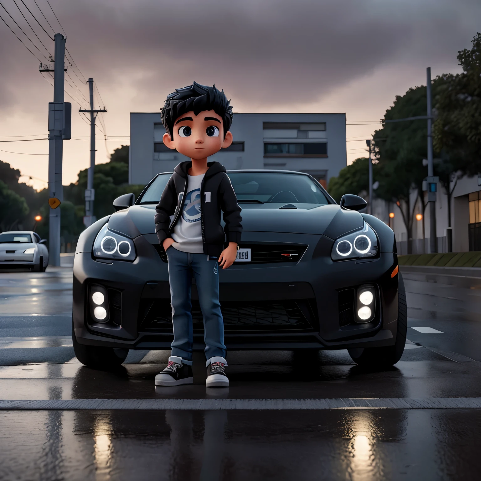 Descreva a cena de um jovem com capuz, wearing a black sweatshirt and jeans, standing on the sidewalk on a rainy night. He is looking at a shiny GTR R35 car passing on the road., Your admiration visible in your eyes. The light from the headlights reflects on the puddles of water around you, enquanto a chuva cai suavemente sobre ele. O som do motor potente ecoa no ar, misturando-se ao som da chuva. The boy remains motionless, captured by the elegance and speed of the car, dreaming of the day when you can be behind the wheel of such an impressive machine. HD 4k