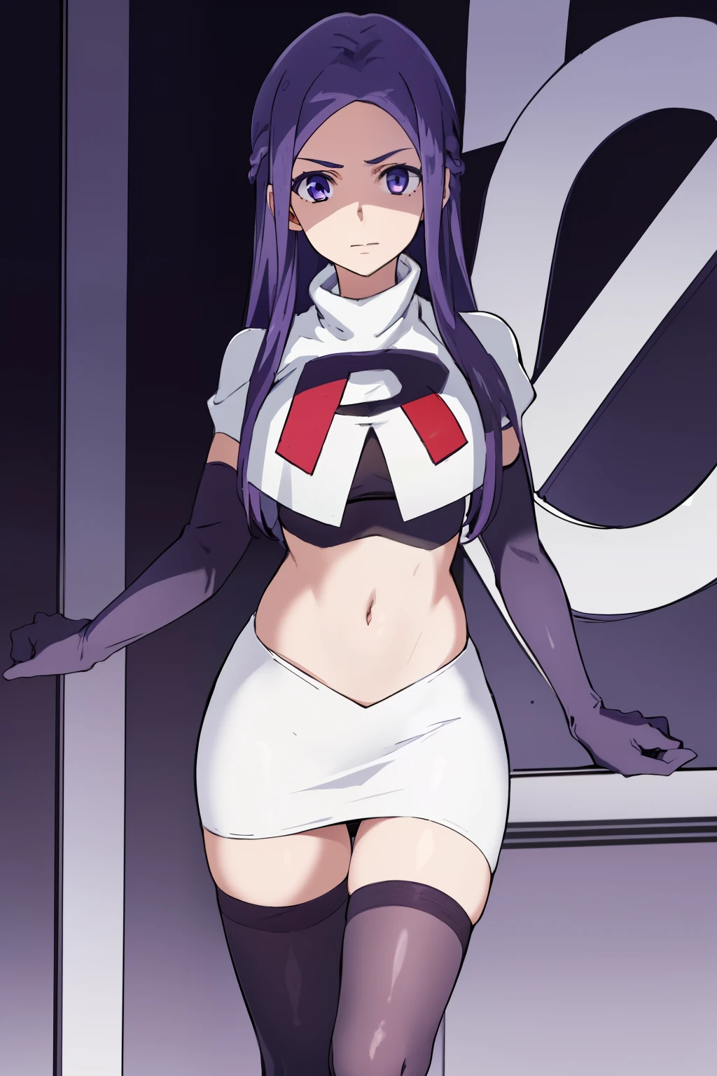masterpiece, highres, 1girl, AnjuEmmaR4, purple hair, blue hair, (blue background), team rocket uniform, red letter R, white skirt,white crop top,black thigh-highs,black elbow gloves