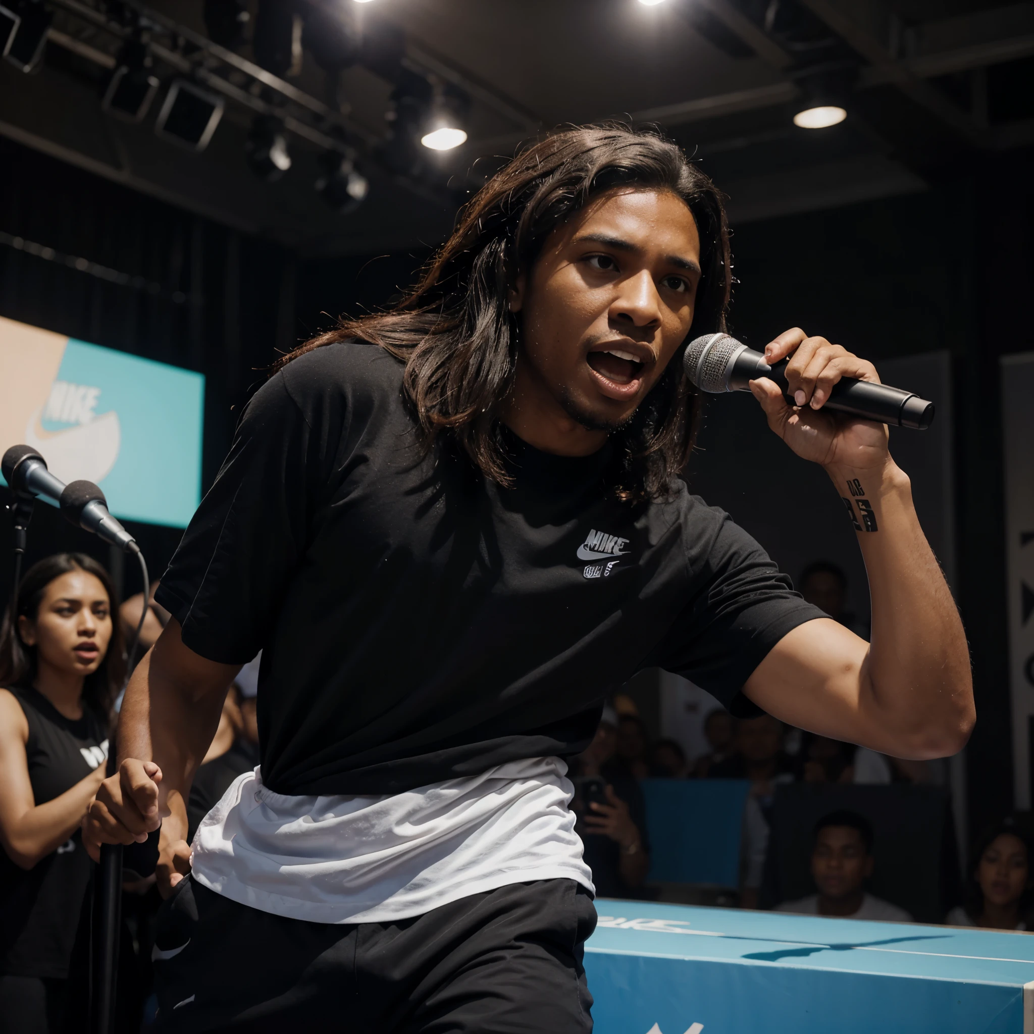 1 Homem negro retindo, com cabelo crespo , de nike, singing into the microphone and a crowd in the background , estilo disney