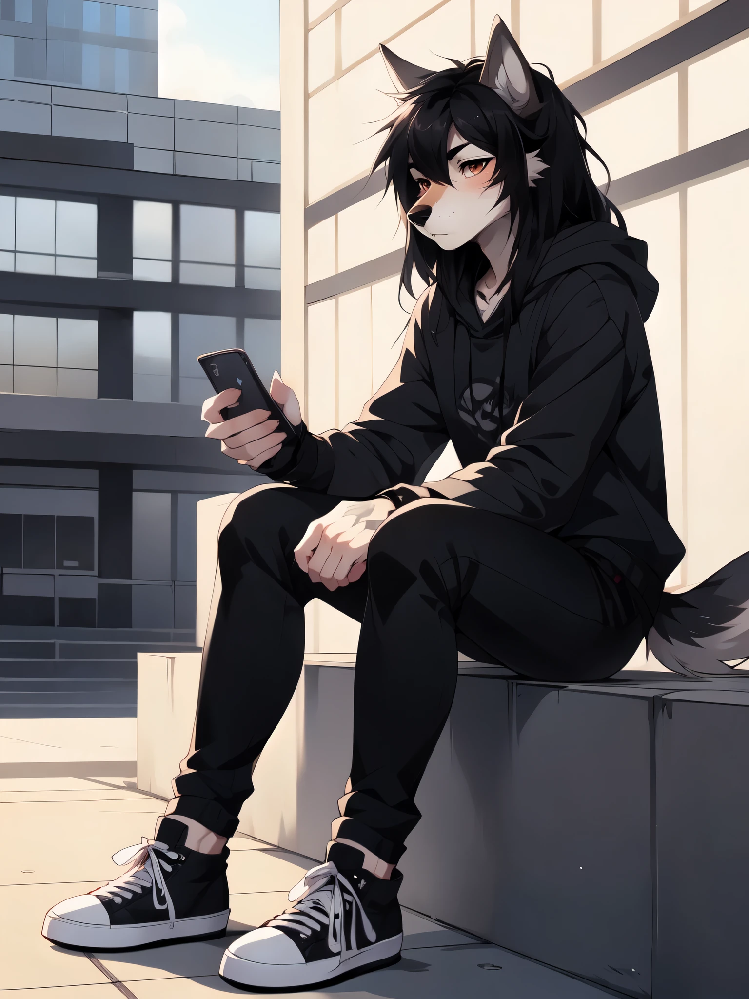 By fumiko, by hyattlen, by hioshiru, Jaiden, young brown anthro wolf male, droopy wolf ears, brown eyes, black nose, wolf tail, ((long black hair, emo hair, straight hair, long bangs cover one side of face)):1.4, wearing black hoodie with a skull on it, black ripped skinny jeans, checkered belt, black and white converse shoes, black fingerless gloves, jitome, expressionless, in a high school campus, texting on a phone