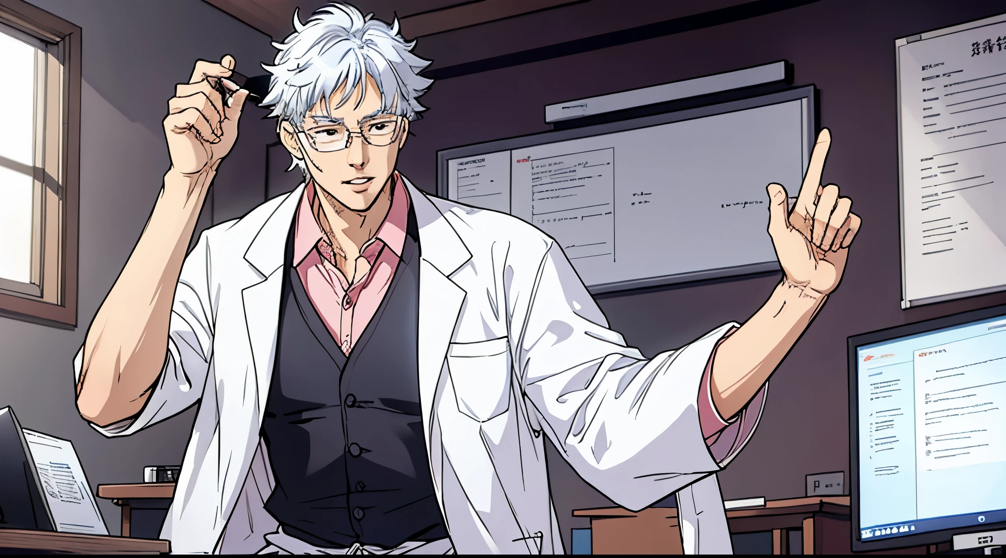 Silver haired teacher wearing lab coat and medical glasses, he is talking and moving his lips