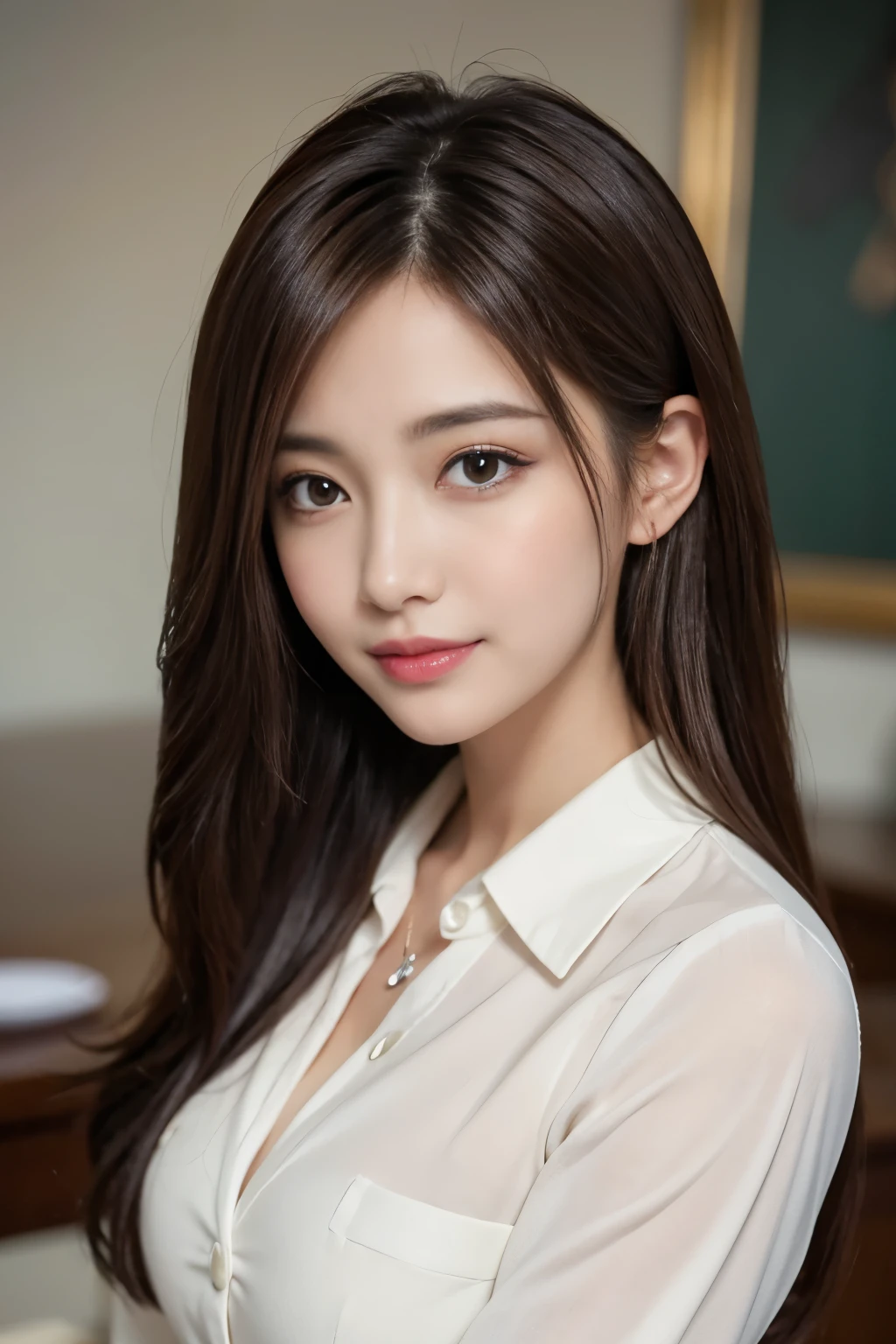 table top、highest quality、genuine、Super detailed、finely、High resolution、8k wallpaper、one beautiful woman、、、light brown disheveled hair、wearing a business suit、sharp focus、perfect dynamic composition、beautiful and fine eyes、thin hair、詳細なgenuineな肌の質感、smile、close-up portrait、model body shape