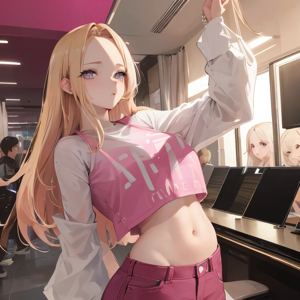 Blonde girl, large forehead, white skin, fierce, pink lips, profile picture, straight hair, pink crop top, jeans, fashion clothes, confident, selfie