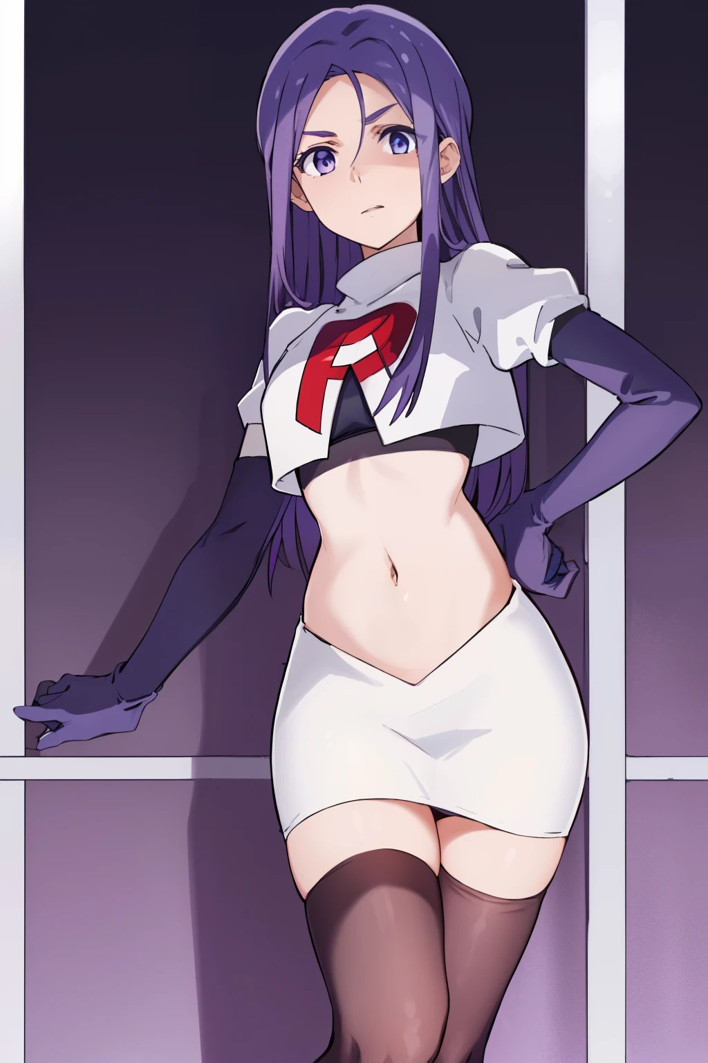 masterpiece, highres, 1girl,  AnjuEmmaR4, purple hair, blue hair, (blue background), team rocket uniform, red letter R, white skirt,white crop top,black thigh-highs,black elbow gloves