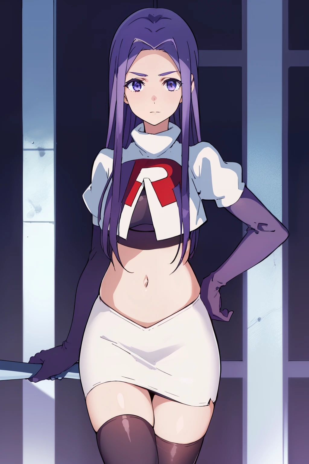 masterpiece, highres, 1girl, AnjuEmmaR4, purple hair, blue hair, (blue background), team rocket uniform, red letter R, white skirt,white crop top,black thigh-highs,black elbow gloves