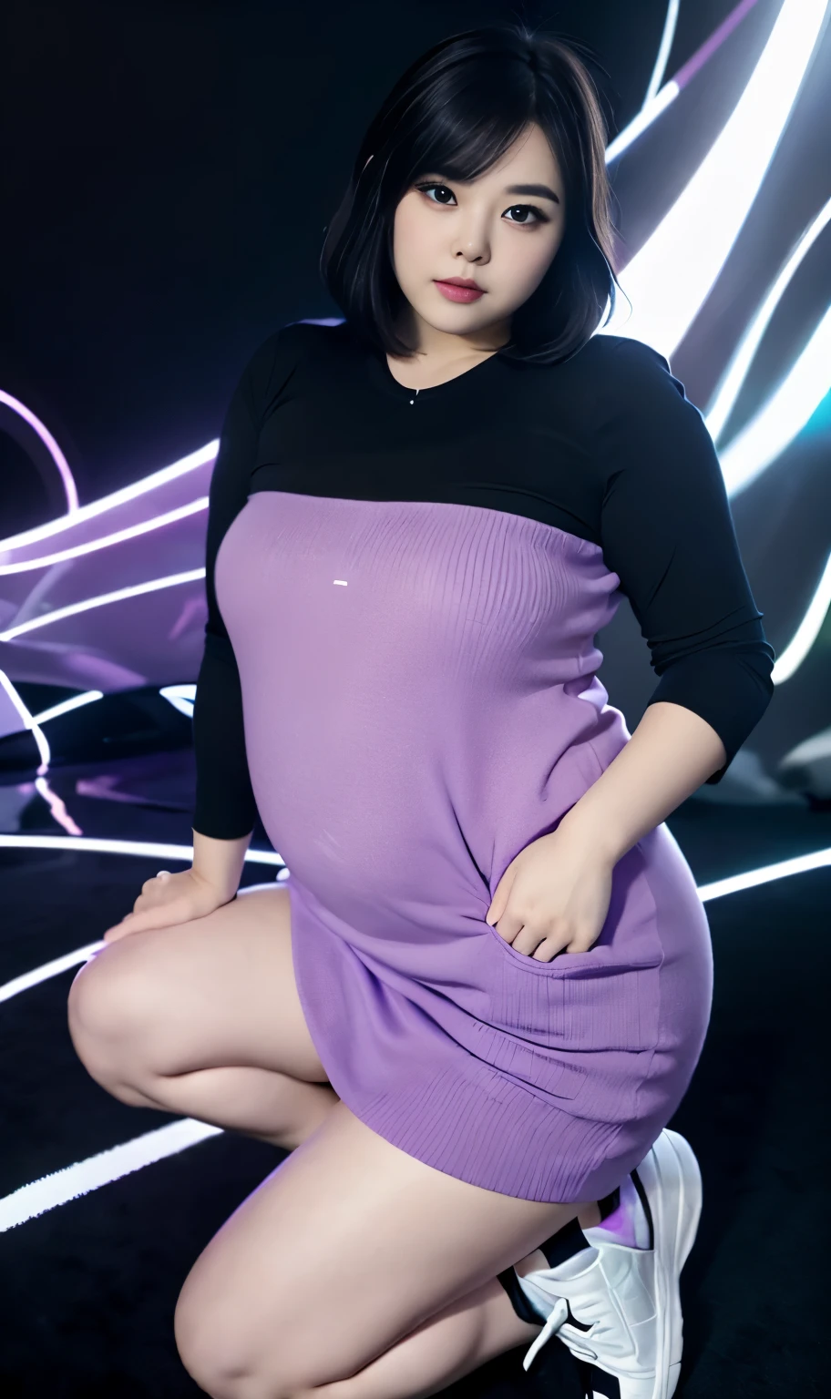 A beautiful beauty, long black hair, big eyes, round face, dress, tight purple skirt, sneakers , slightly fat, plump and sexy, delicate facial features, on the black room, black room, dark room, HD, high quality, the best picture quality, chubby body, bob haircut