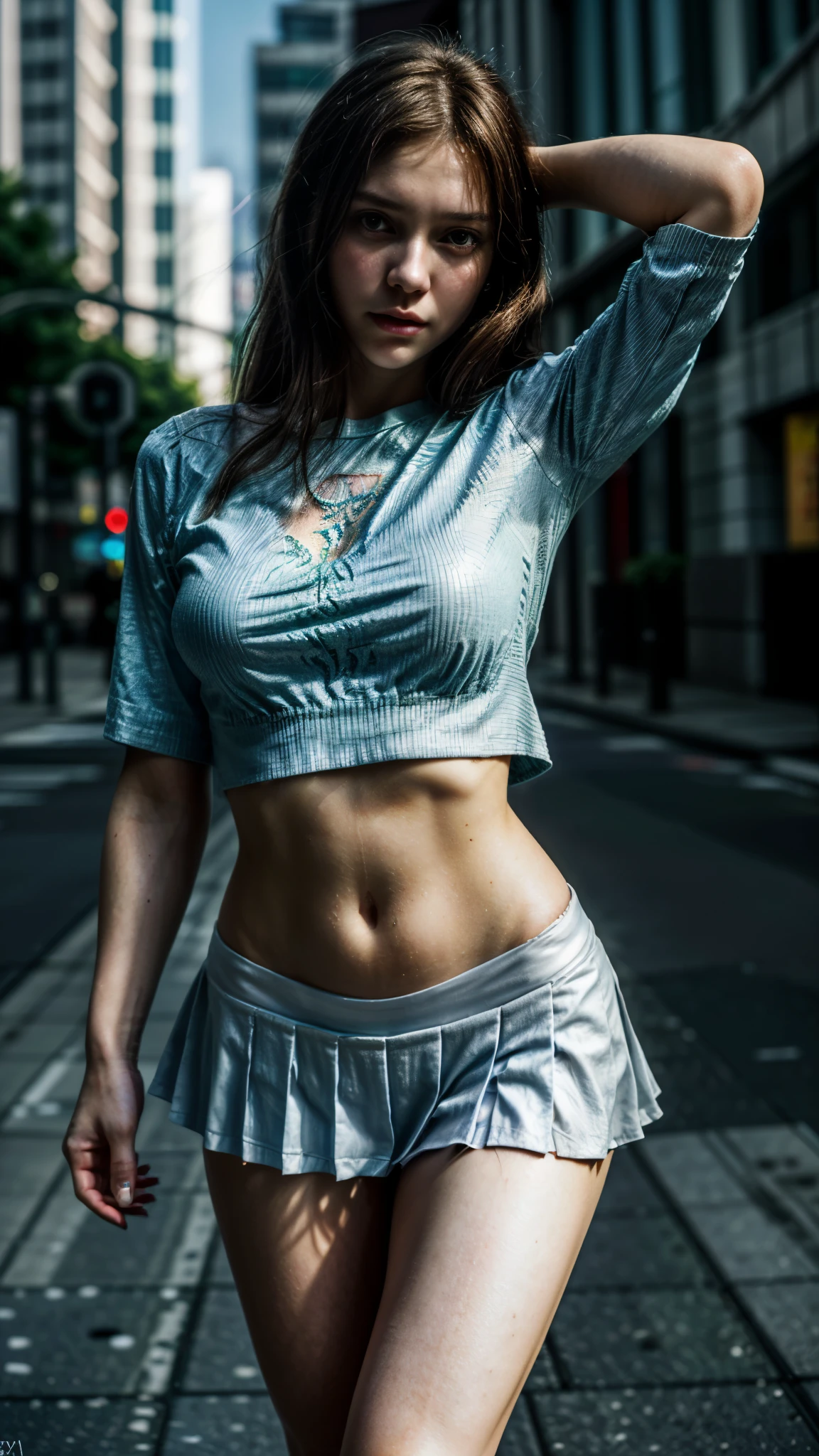 best qualtiy, tmasterpiece, A high resolution,8K,(realisticlying:1.4),超A high resolution,1girll, ultra - detailed, hyper realisitc, highly detailed CGillustration, offcial art, cinematric light, Realistis, Young and beautiful girl, perfect body figure, perfect body figure, full pov, Perfect body, (Starting below:1.3), lewd poses, long sexy legs, self-assured, Beautiful Sexy, short- sleeved, Open abdomen, pleated super short skirt, S-shaped body, Upturned buttocks,posing on a,Pose,Different Perspectives,the street