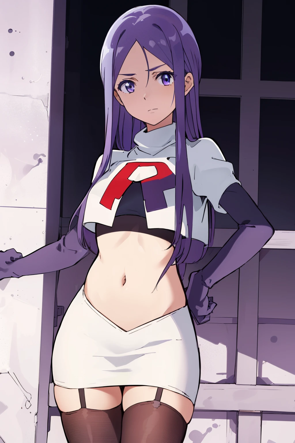 masterpiece, highres, 1girl, AnjuEmmaR4, purple hair, blue hair, (blue background), team rocket uniform, red letter R, white skirt,white crop top,black thigh-highs,black elbow gloves