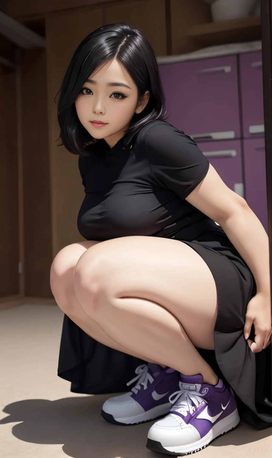 A beautiful beauty, long black hair, big eyes, round face, dress, tight purple skirt, sneakers , slightly fat, plump and sexy, delicate facial features, on the black room, black room, dark room, HD, high quality, the best picture quality, chubby body, bob haircut