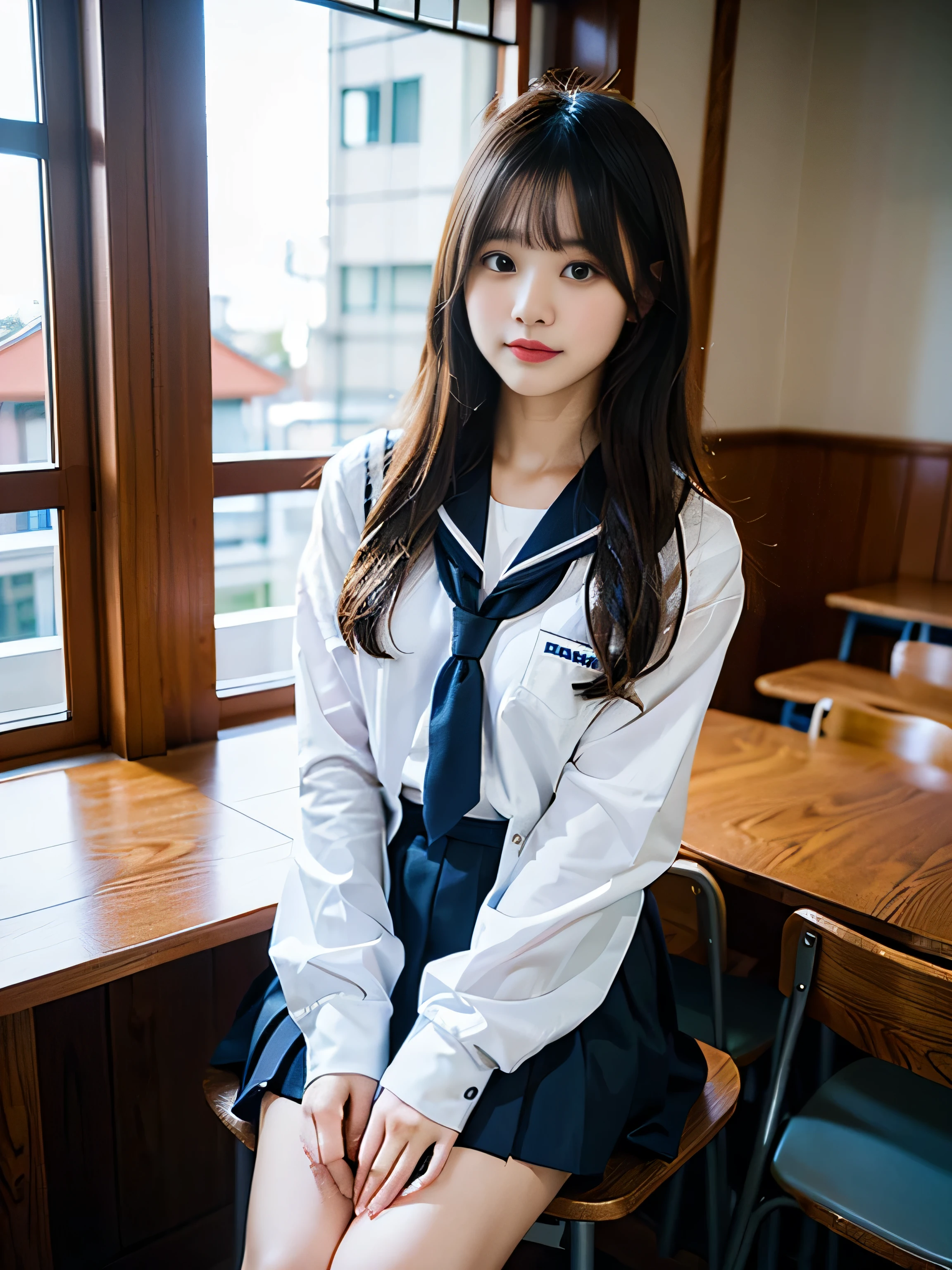 arafly dressed woman sitting on a chair in a school uniform, korean girl, jaeyeon nam, captured on canon eos r 6, sailor uniform, cute schoolgirl, a hyperrealistic schoolgirl, taken with canon 5d mk4, hyperrealistic , girl wearing uniform, wearing japanese school uniform, sakimichan, young 