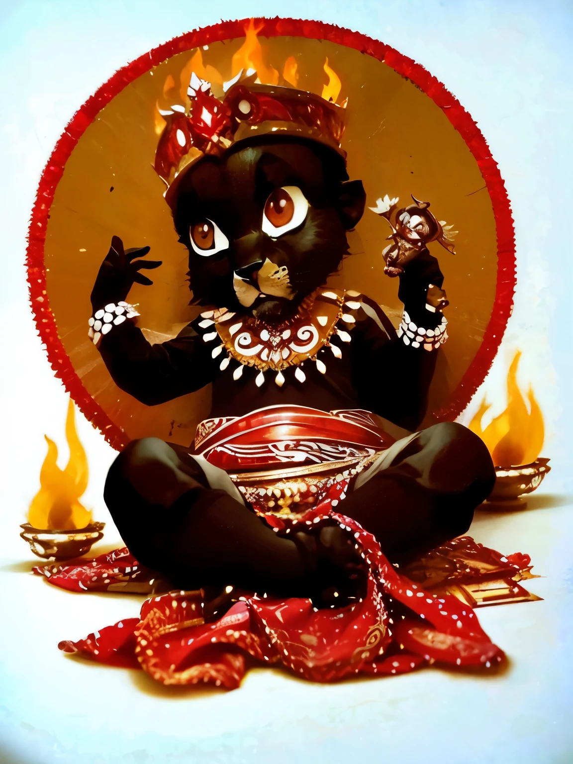 Crie a imagem hiperrealista de um diabinho de aproximadamente 5anos de idade fazendo careta sentado em um trono, segurando um tridente