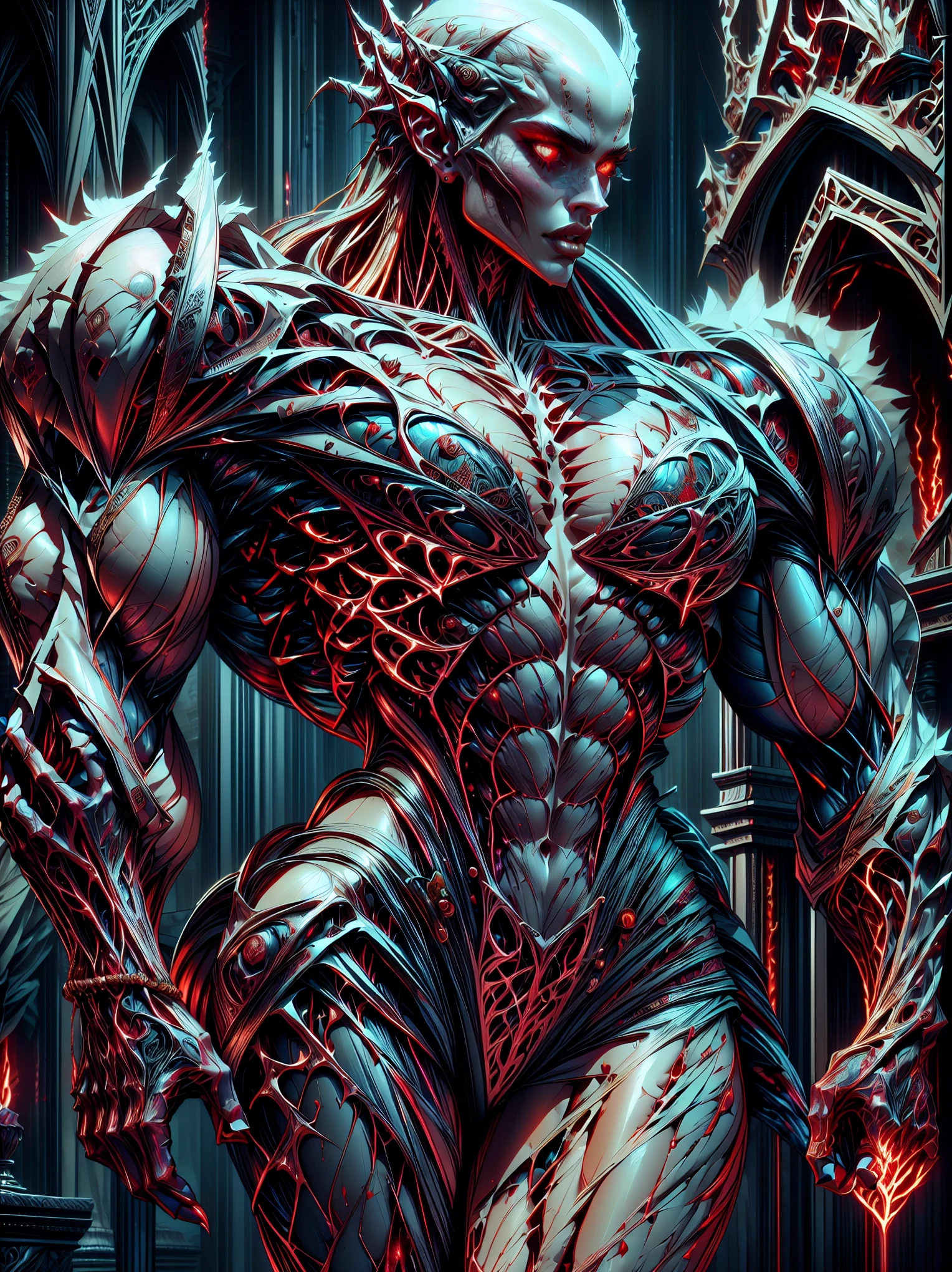 (1 girl), (megan fox:1.25), (pure white skin:1.25), Beautiful vampire girl dressed in ornate medieval vampiric full body armor, (extreme muscular definition:1.5), (vampiric body armor:1.25), (huge muscular arms:1.5,) (10-pack abs:1.4), (lots of veins:1.25), Ultra Realistic, Very detailed face and eyes, a true masterpiece, with an atmosphere of horror, gothica, blood, haunted cathedrals