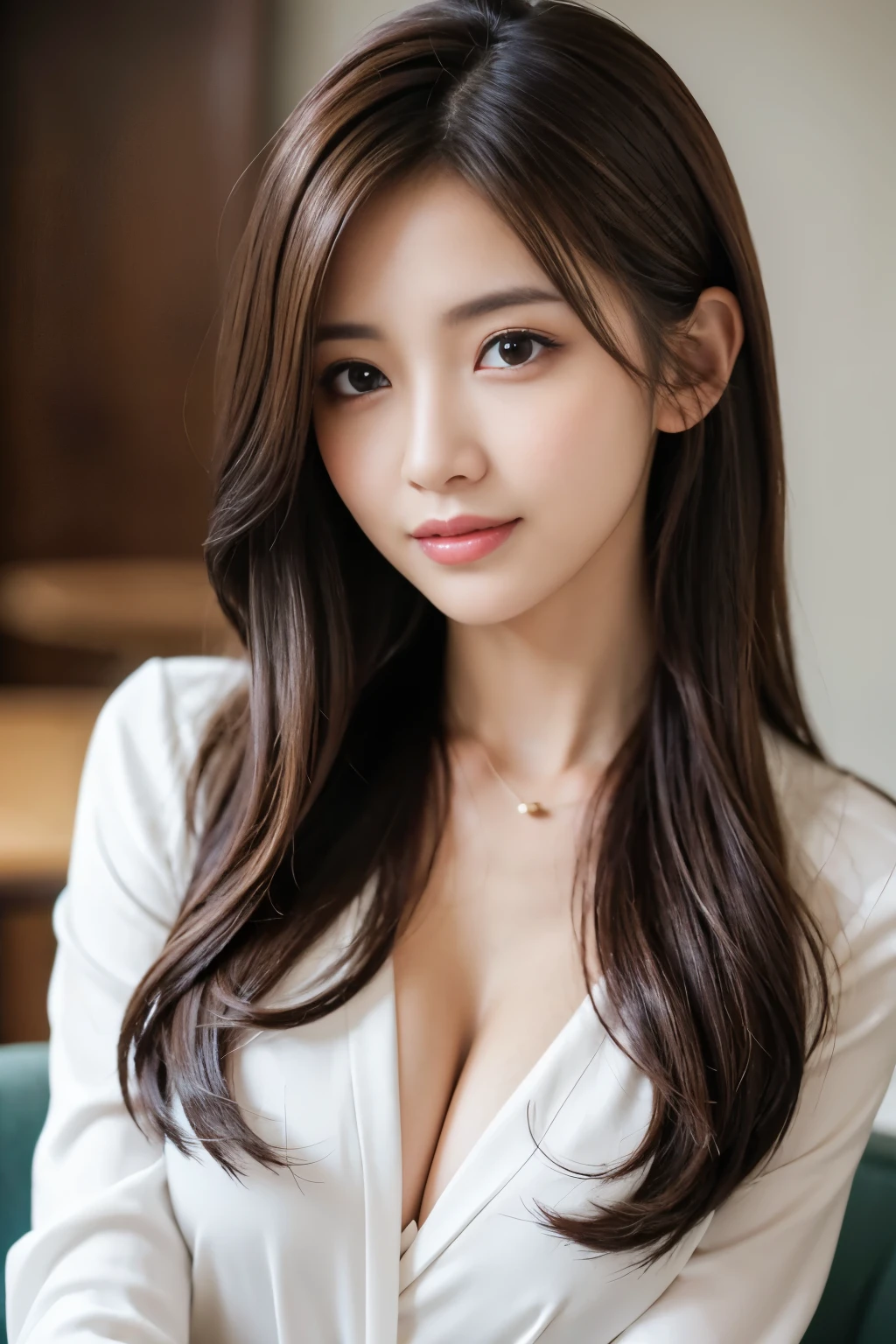 table top、highest quality、genuine、Super detailed、finely、High resolution、8k wallpaper、one beautiful woman、、、light brown disheveled hair、wearing a business suit、sharp focus、perfect dynamic composition、beautiful and fine eyes、thin hair、詳細なgenuineな肌の質感、smile、close-up portrait、model body shape