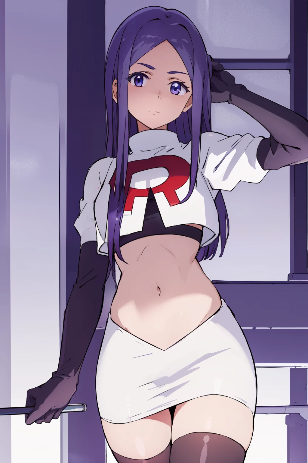 masterpiece, highres, 1girl, AnjuEmmaR4, purple hair, blue hair, (blue background), team rocket uniform, red letter R, white skirt,white crop top,black thigh-highs,black elbow gloves