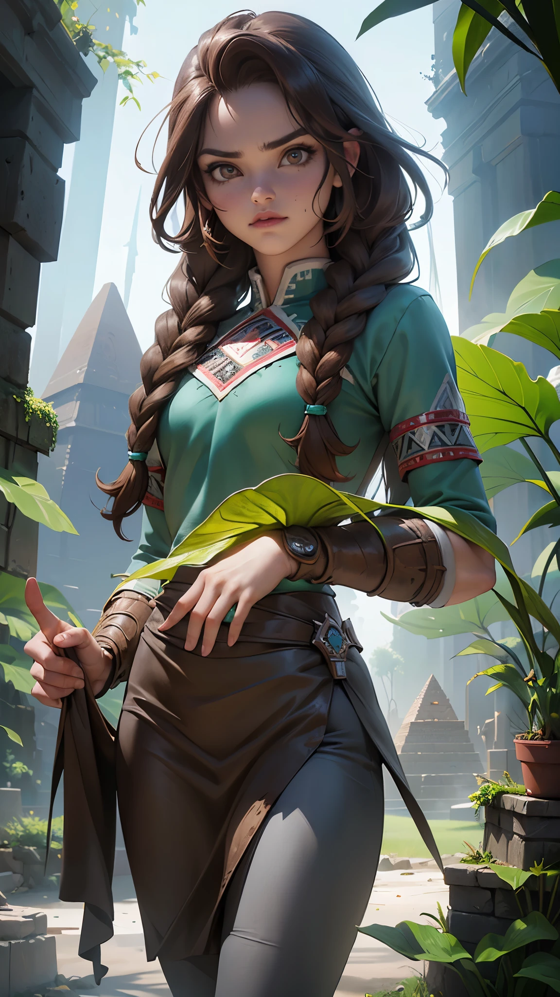 (La mejor calidad,A high resolution,Ultra - detallado,actual), (young warrior woman of nordic descent), (ojos verdes), (Muscular), (falda de piel:1.4), (brown hair color),(loose hair with small braids on the scalp:1.2), (top con correa de cuero) plumas, capa sobre el hombro, bufas, (azul, gray and brown suit:1.4).,More detailed 8K.motor irreal:1.4,UHD,La mejor calidad:1.4, fotorrealista:1.4, textura de la piel:1.4, obra maestra:1.8,obra-prima, mejor calidad,objeto Objeto], (detailed face features:1.3),(Las proporciones correctas),convexo，(Dedos detallados)，,(Ojos hermosos verdes), (background pyramids aztec ruins:1.4) ,(aztec jungle carnivorous plants:1.4), (Ciberpunk 2.1) ,(realistic 2.1 ), (colores brillantes fotorrealista )