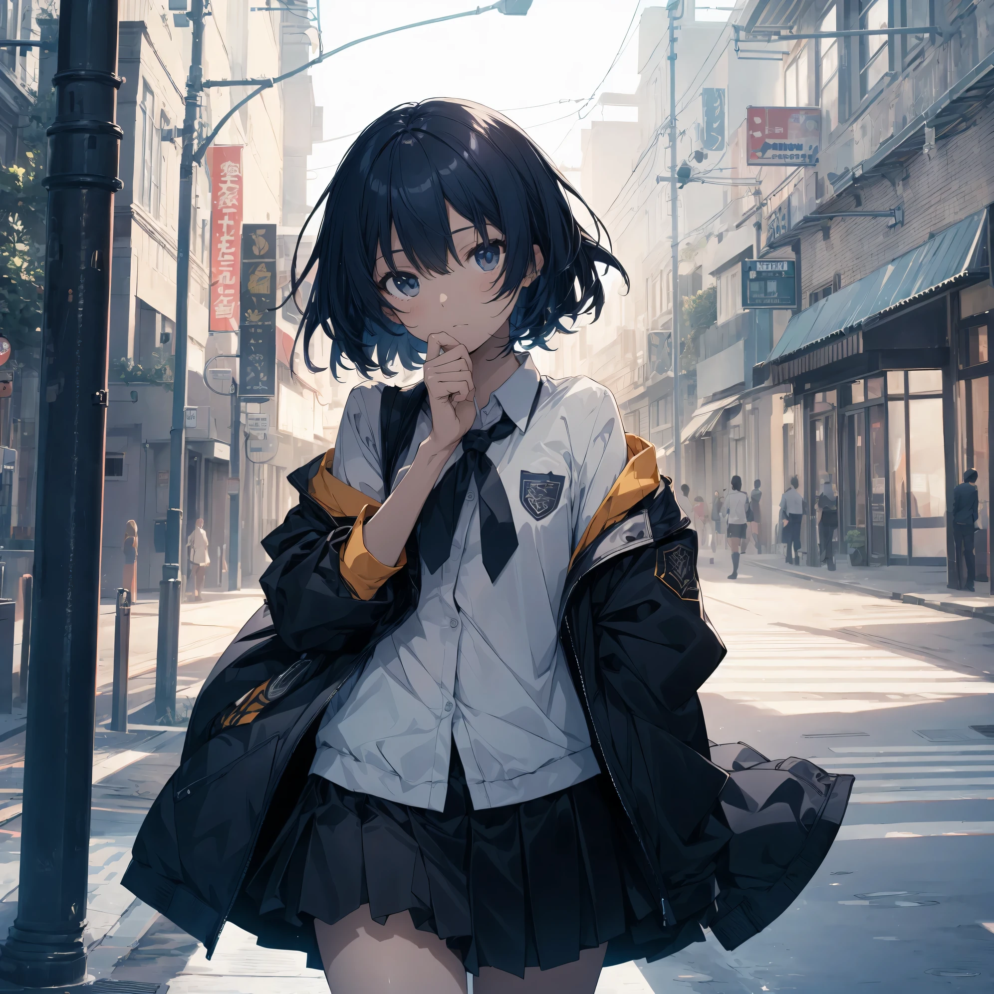 Anime girl in a short skirt and jacket smoking a cigarette - SeaArt AI