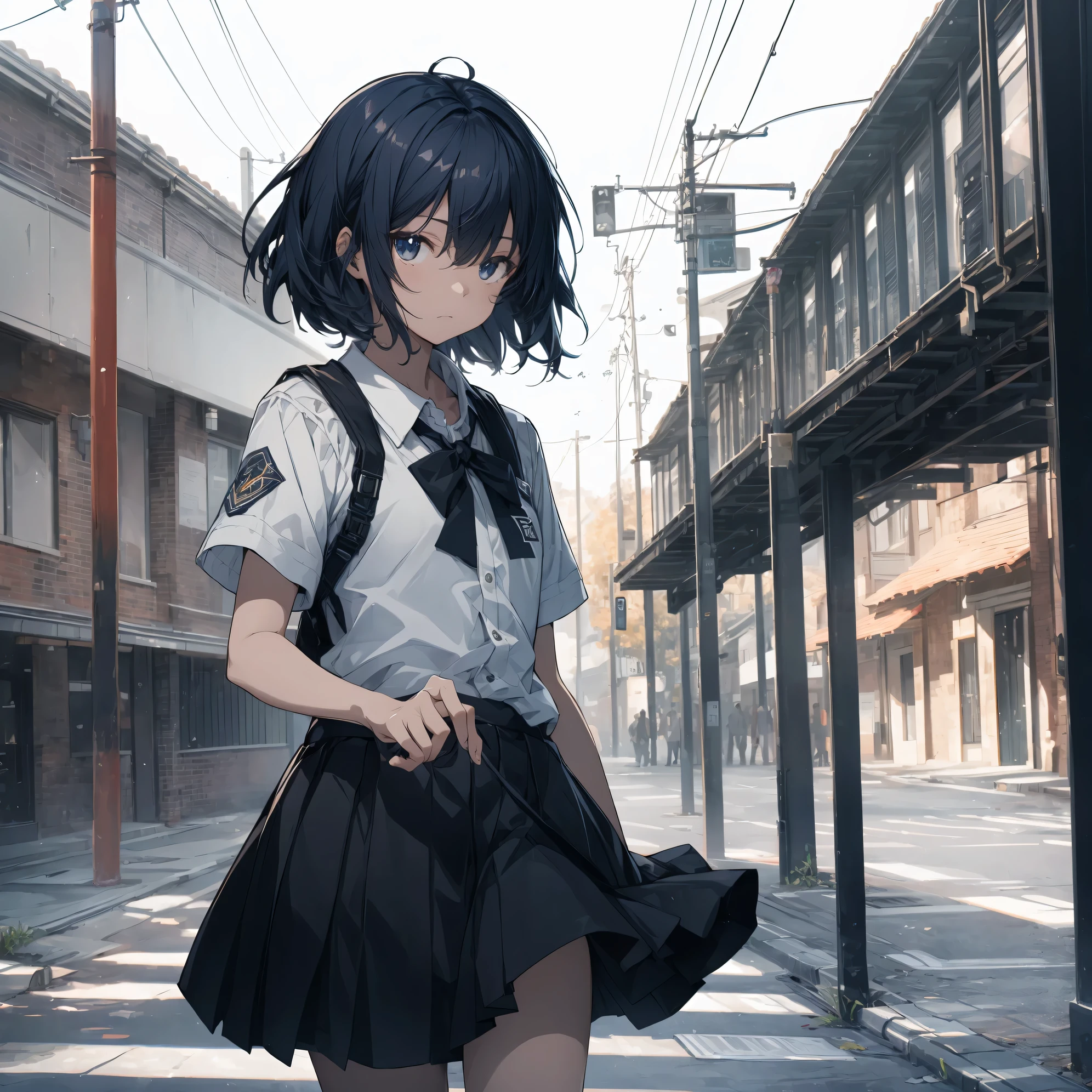 Super high quality by the art god, super detailed, High resolution, Shinkai Makoto style, anime moe art style, best anime 8K konachan wallpaper, pixiv contest winner, perfect anatomy, break,(眠そうにalone学校へ行く女の子を描いてください. ),break, surreal high school girl, (alone,lolita, , 13 years old:1.3),All limbs, full finger,, androgynous charm, (very short hair), messy hair, flat chest, , small ass, between legs, Small black eyes,hanme,beautiful and fine eyes, Well-proportioned iris and pupils, disgusted eyes, High resolutionの詳細な髪, wearing school uniform, (skirt), On the way to school. break,super dense skin, Best lighting by famous artists, 8K, figure,UHD, rough skin