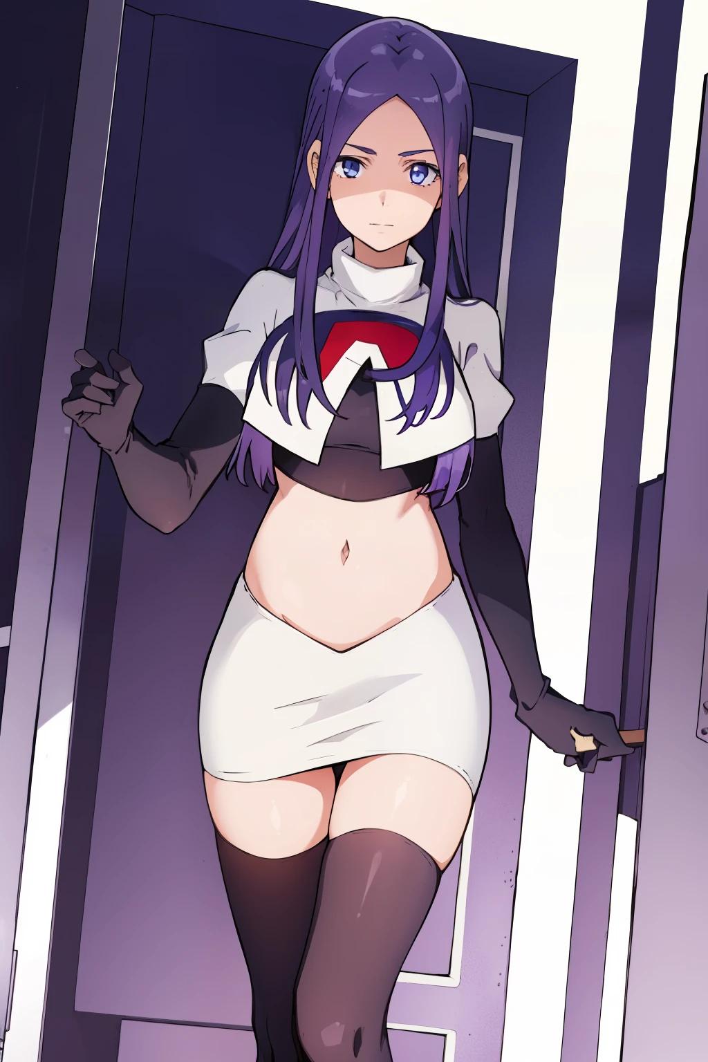 masterpiece, highres, 1girl, AnjuEmmaR4, purple hair, blue hair, (blue background), team rocket uniform, red letter R, white skirt,white crop top,black thigh-highs,black elbow gloves