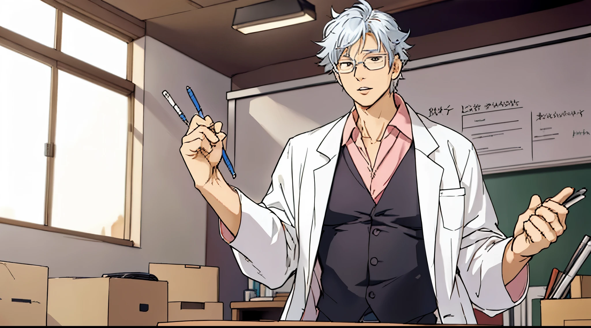 Silver haired teacher wearing lab coat and medical glasses, he is talking and moving his lips