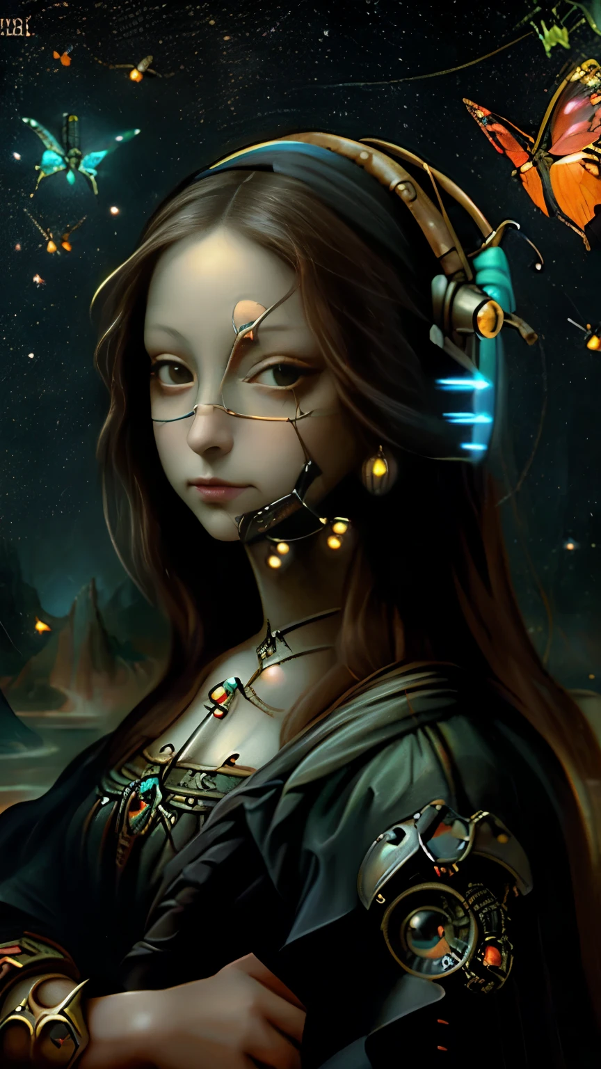 Mona lisa estilo steampunk, luciernagas voladores, pintura famosa Monalisa cyborg, Mona Lisa cyborg, flying insects with neon lights, small robotic fireflies with lights