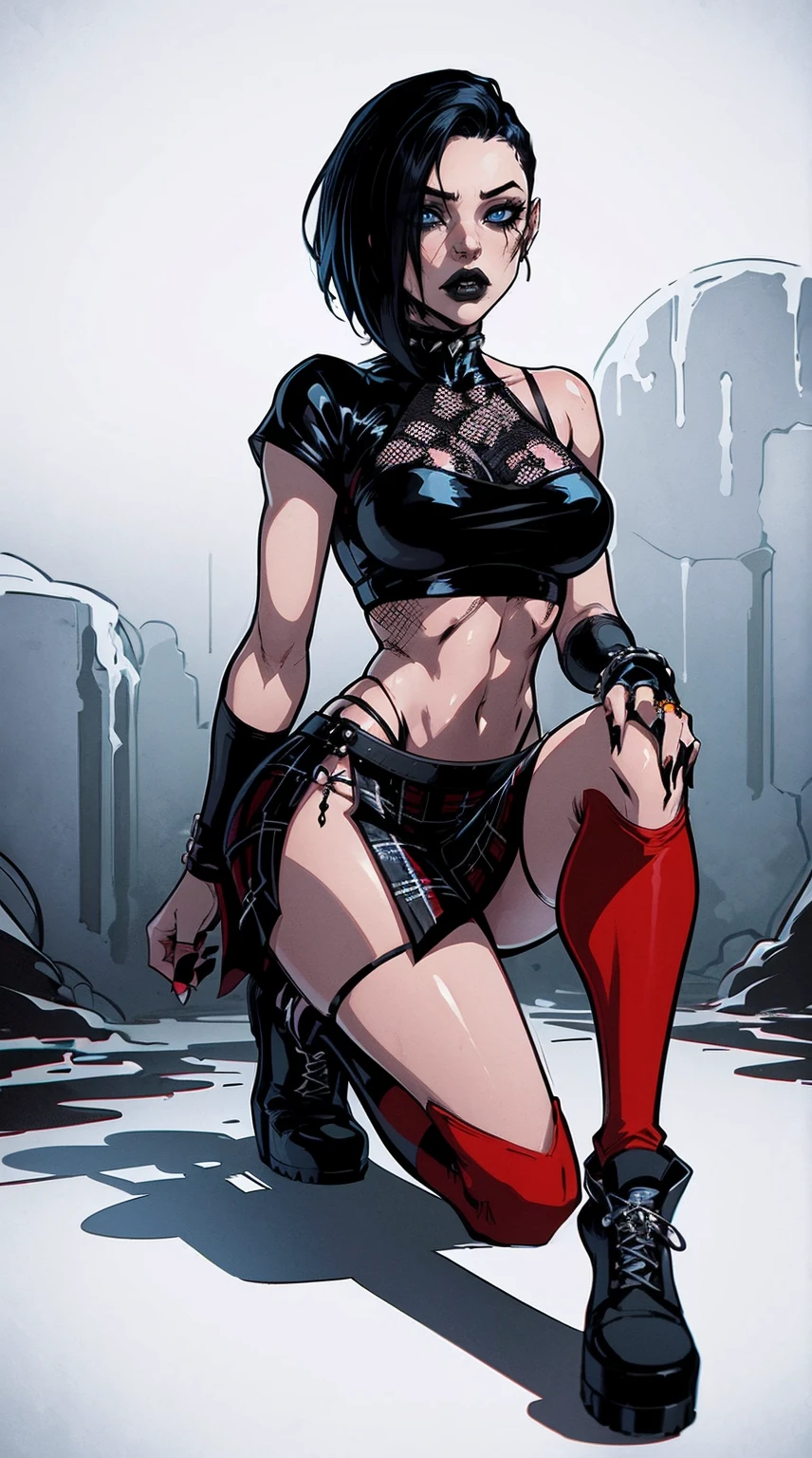 a woman with short black hair, hair on shoulders,  wearing a black cropped  and plaid skirt, blue eyes, zombie art, gothic art, cute aesthetic with vibe, toon aesthetic, wearing red costume, wearing gothic accessories, look like Cassie Hack, whole body, on his knees  ,on his knees holding a skull in his hand, white background