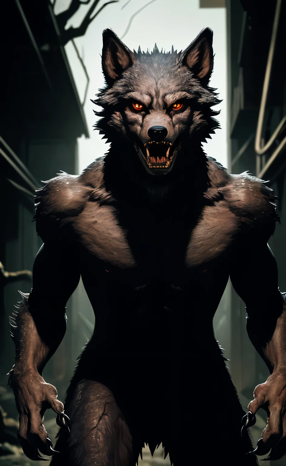 Describe and visualize an image of an extremely horrible and terrifying werewolf, with immense claws and sharp teeth, in a dark and disconcerting environment. Highlight the grotesque details of its fur, menacing eyes and intimidating stance, evoking a visceral sense of horror. Create a visual narrative that conveys the intensity of the moment and provokes a visceral reaction in the viewer, capturing the terrifying essence of this werewolf