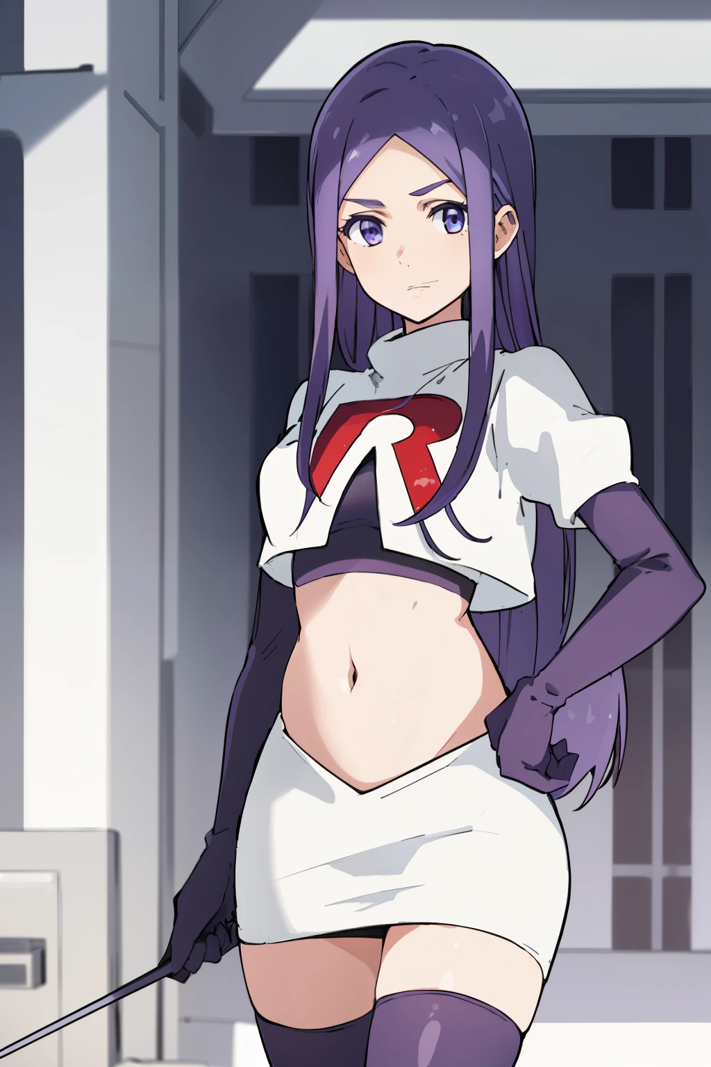 masterpiece, highres, 1girl, AnjuEmmaR4, purple hair, blue hair, (blue background), team rocket uniform, red letter R, white skirt,white crop top,black thigh-highs,black elbow gloves