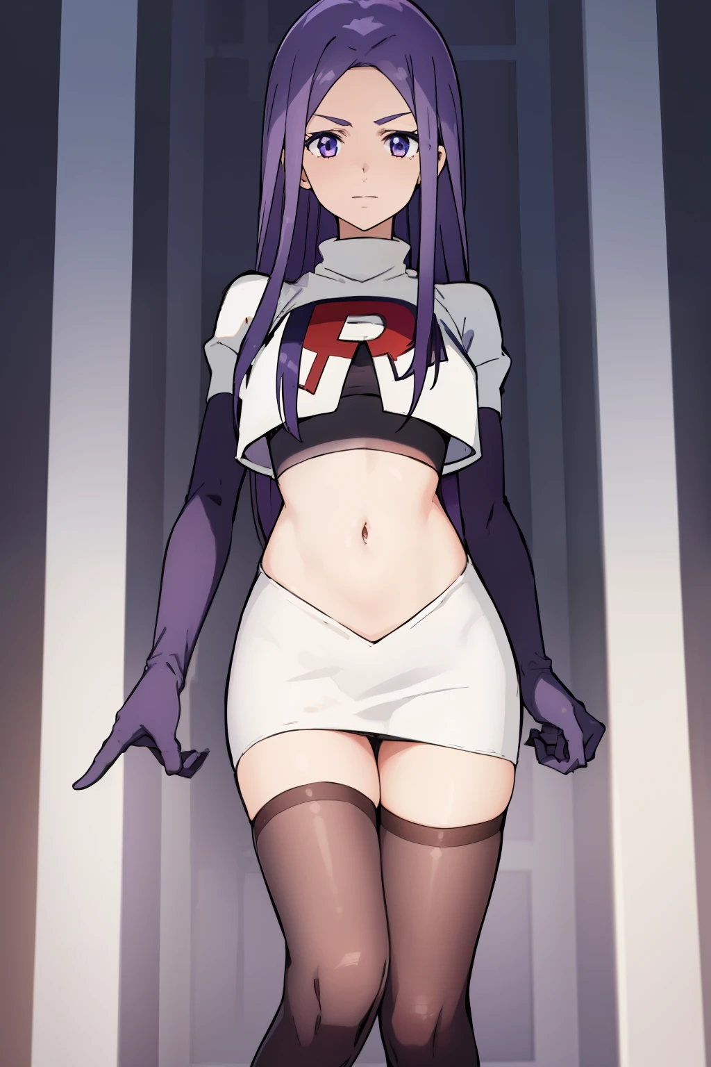 masterpiece, highres, 1girl, AnjuEmmaR4, purple hair, blue hair, (blue background), team rocket uniform, red letter R, white skirt,white crop top,black thigh-highs,black elbow gloves