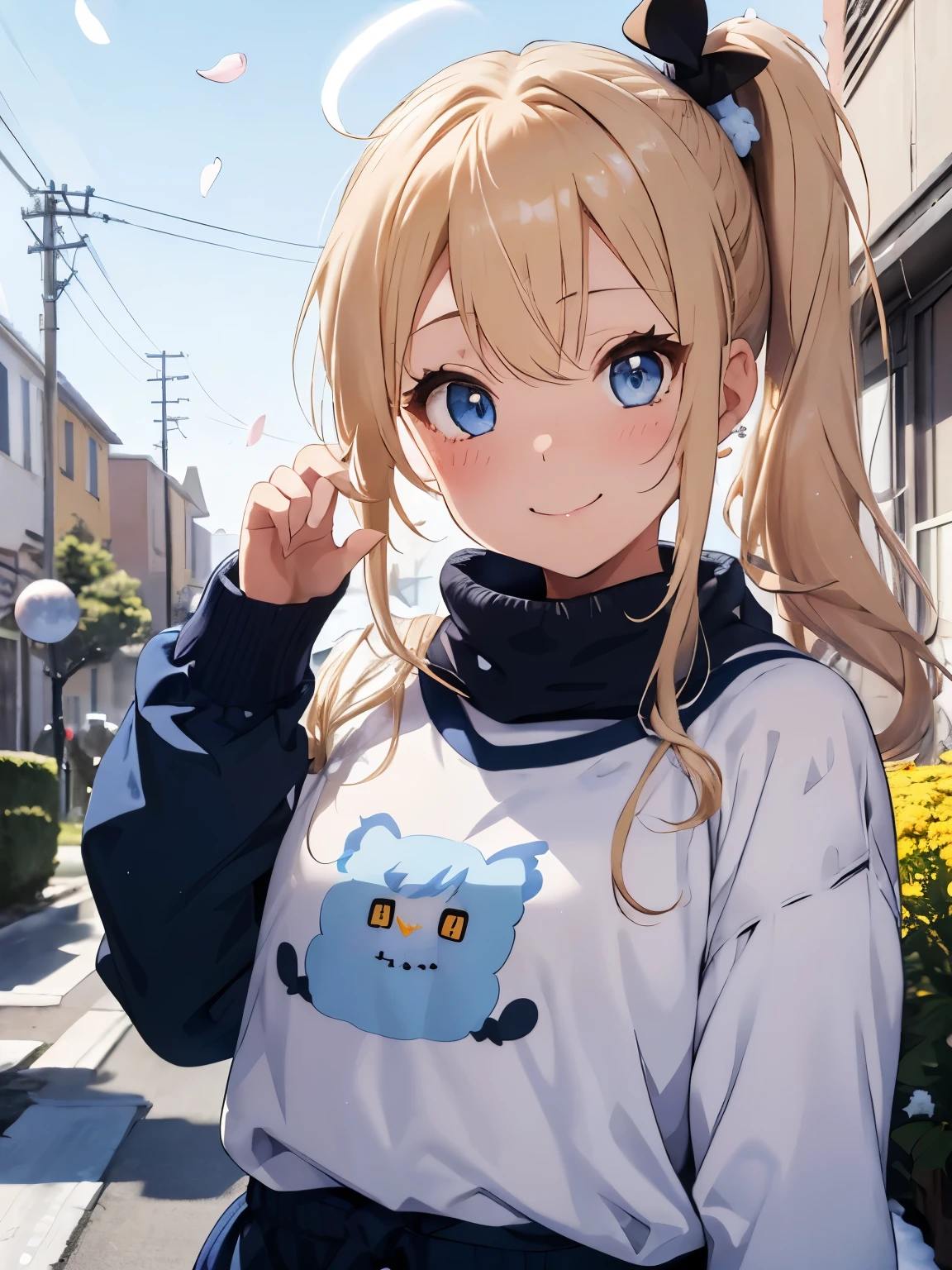 character//1 girl,(blonde),(Fluffy side ponytail from around the side of the head:1.3),((big blue ribbon with a knot:1.2)),(Stardust phenomenon from thin hair),(Tsundere),((confident confident smile)),break//((Blue eyes that shine like jewels)),((A little bit like a gal:1.2)),((American Girls)),((idol pose:1.35)),((many flowers and petals:1.2)),((blessing light and bell)),((look up:1.3)),((slouch:1.4)),((long sleeve winter clothes:1.25)),