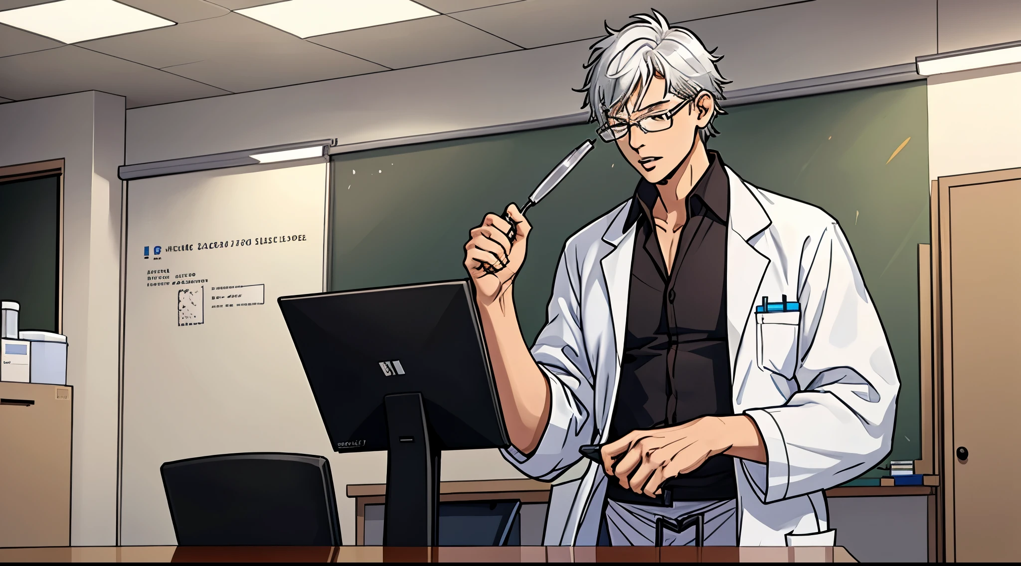 Silver haired teacher wearing lab coat and medical glasses, he is talking and moving his lips