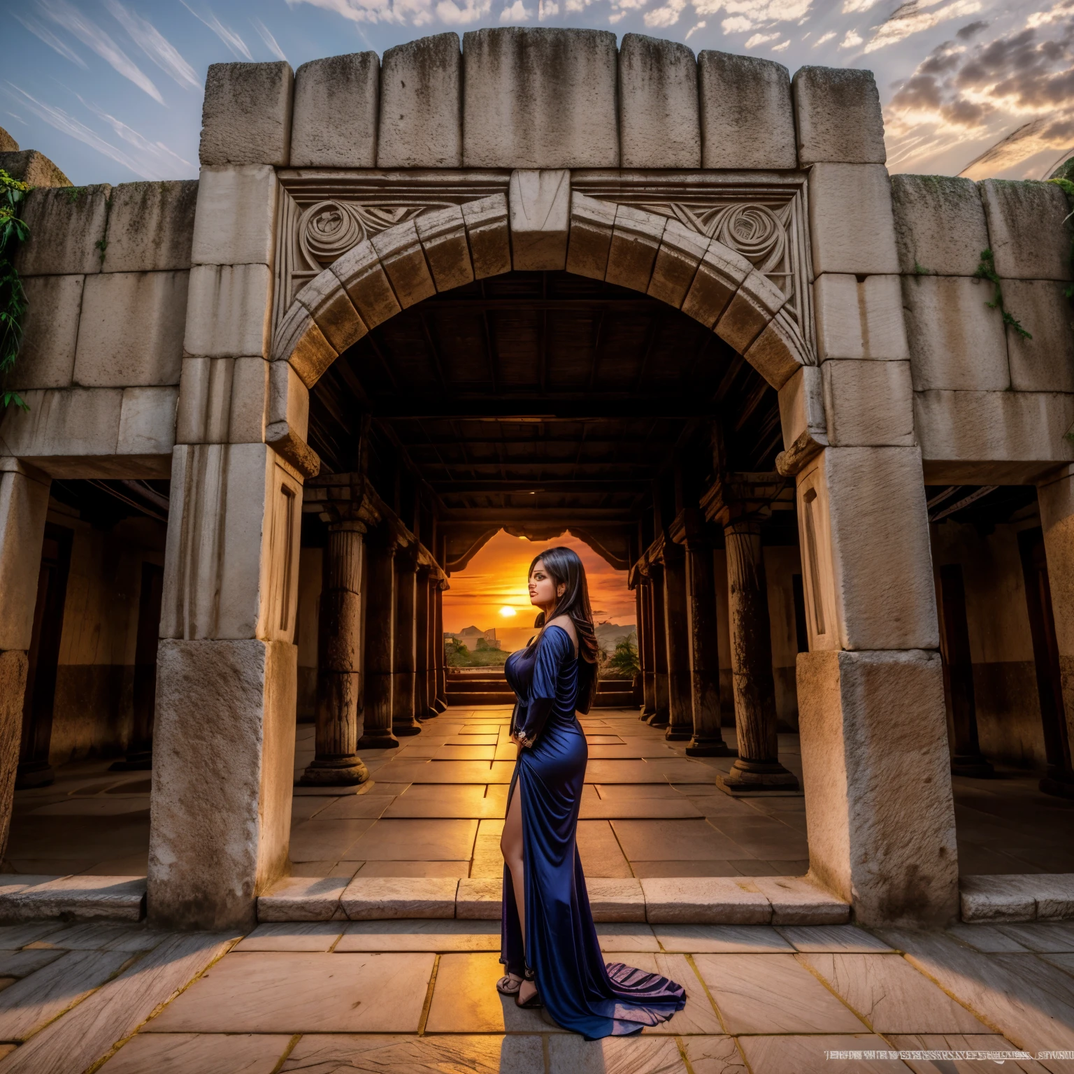 Ancient City at Sunset, young beautiful woman in long dress fashion, full body shot, back view from below, giga_busty, gigantic breasts