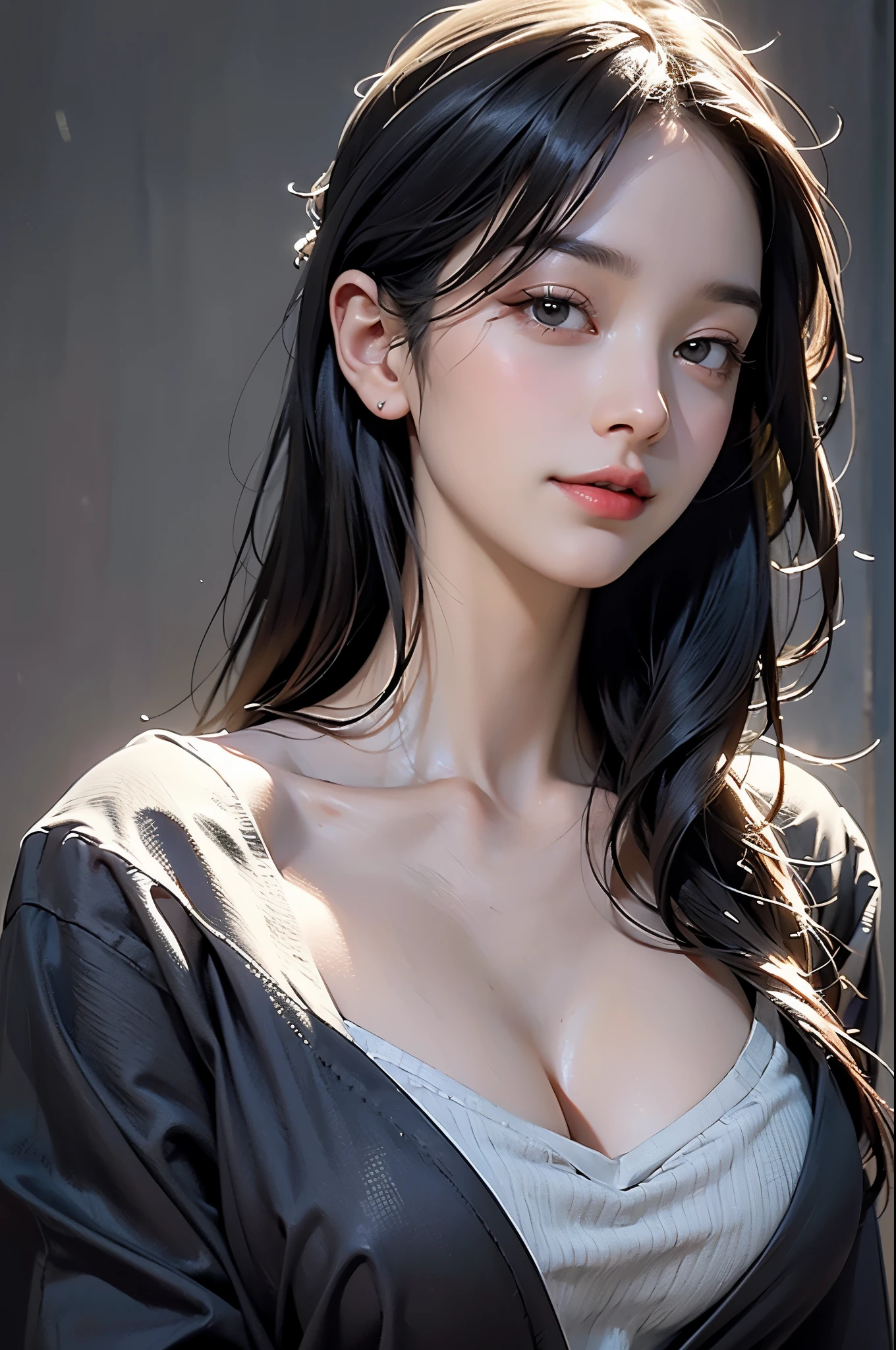 (Surreal), (illustration), (Increase resolution), (8k), (Very detailed), (Best illustration), (Beautiful and delicate eyes), (best quality), (Super detailed), (masterpiece ), ( wallpaper), (Detailed face), alone, 1 girl, looking at the audience, Exquisite details, Detailed face, in the darkness, deep shadow, low profile, purebred face_v1, smiling, long hair, Black shawl straight hair , 46 points oblique bangs,(huge breast)